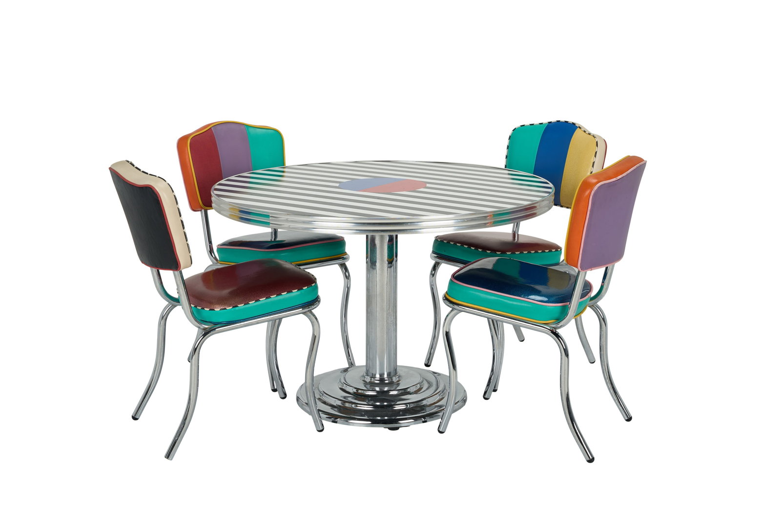 Ringo Starr | Multicolor Table and Chair Set: A painted chrome and multicolored vinyl breakfast dining set consisting of a round table, four side chairs and one child's chair, from the collection of Ringo Starr and Barbara Bach. 