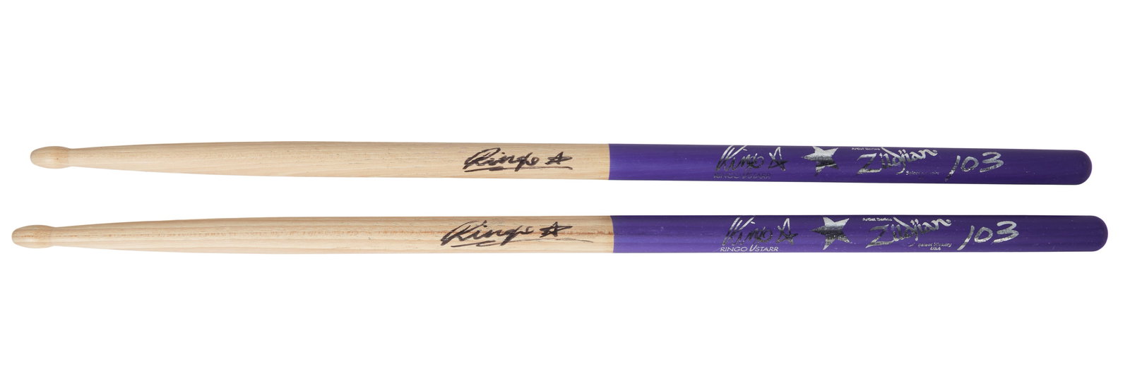 Ringo Starr | Signed Zildjian Artist Series Drumsticks: A pair of Ringo Starr's signature Zildjian drum sticks hand signed by Ringo. Ringo became a Zildjian sticks artist in 2012 and designed these sticks to be similar to a 5A. Accompanied by Letters of