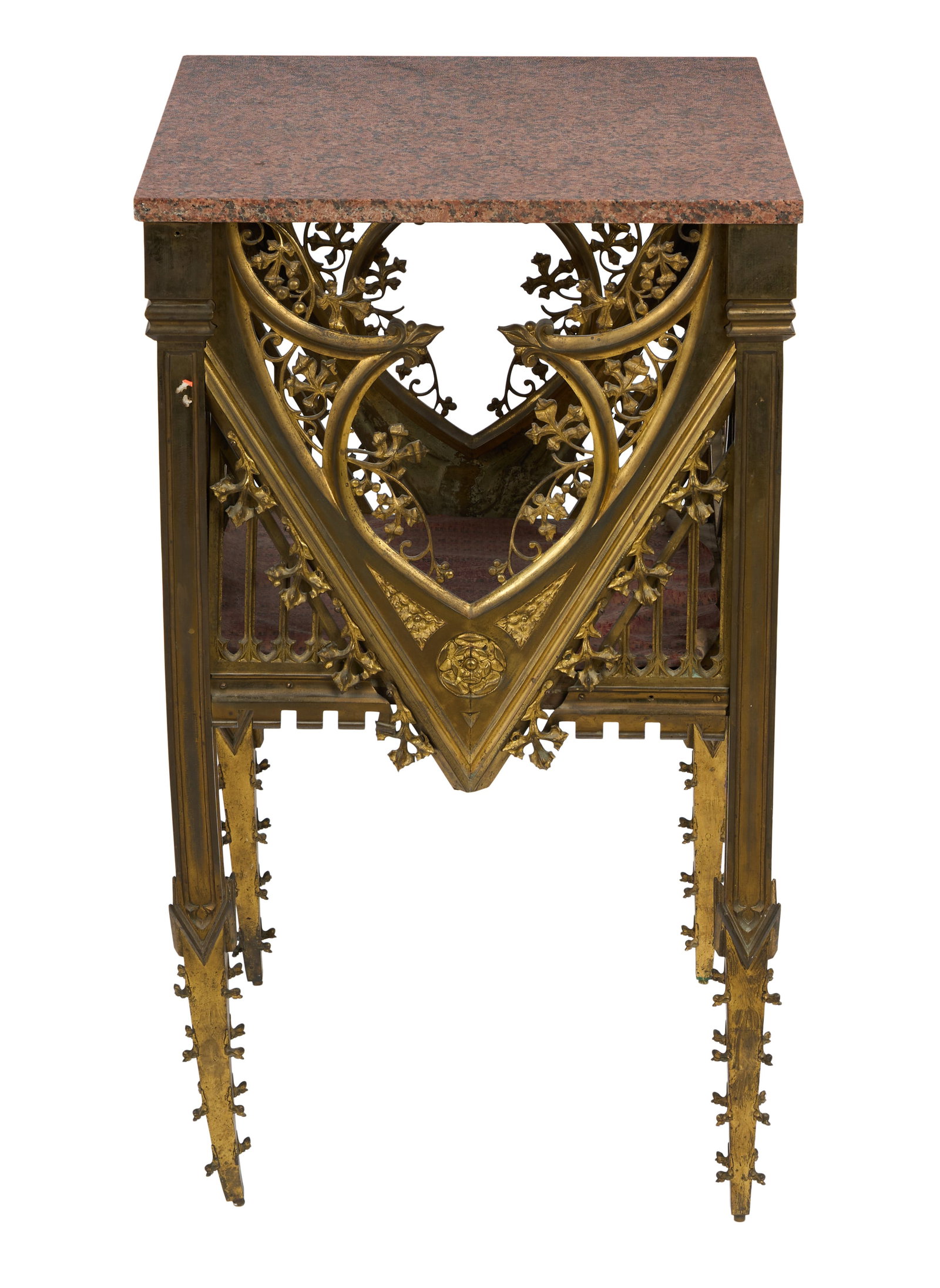 Ringo Starr | Victorian and Later Table: A Victorian Gothic Revival gilt metal liturgical base converted into a table with a modern marble top, from the collection of Ringo Starr and Barbara Bach. 