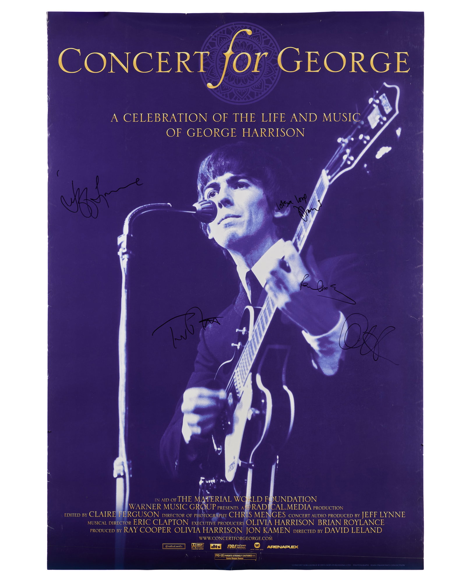 George Harrison | "Concert for George Harrison" Poster, Signed by Paul McCartney, Tom Petty, Jeff: A full-size Concert for George Harrison poster, signed by George's close and personal friends, including Paul McCartney, Tom Petty, and Jeff Lynne, as well as his widow Olivia Harrison and son Dhani H