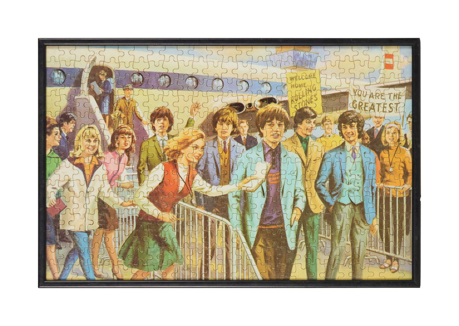 The Rolling Stones | Vintage 1960s Jigsaw Puzzle with Box: A vintage 1960's Rolling Stones Jigsaw Puzzle, complete and housed in a frame, made in England by Bestime Product. The 350-piece die-cut card puzzle is titled "A Welcome from the Fans." Together with 