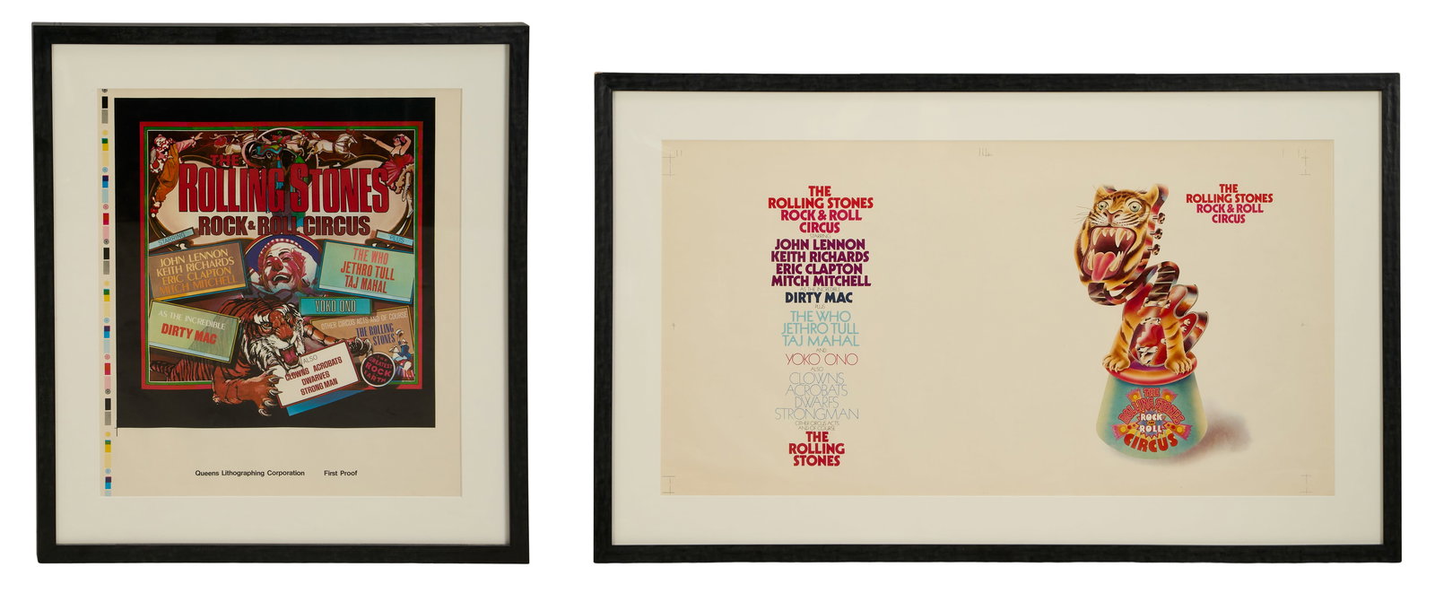 The Rolling Stones | Unreleased "Rock and Roll Circus" Album Artworks: Two framed and matted displays, each featuring a printer's proof depicting a proposed record sleeve cover art for the unreleased Rolling Stones live album, The Rolling Stones Rock and Roll Circus.