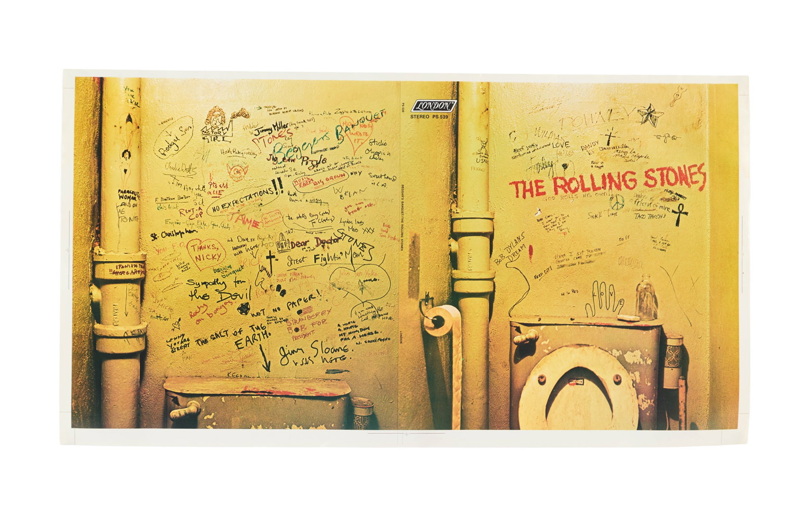 The Rolling Stones | "Beggar's Banquet" Banned Cover Art Record Album Slick: An original cover slick for the Rolling Stones record album Beggar's Banquet, showing the original artwork that was banned by the Decca record company for being too offensive.
