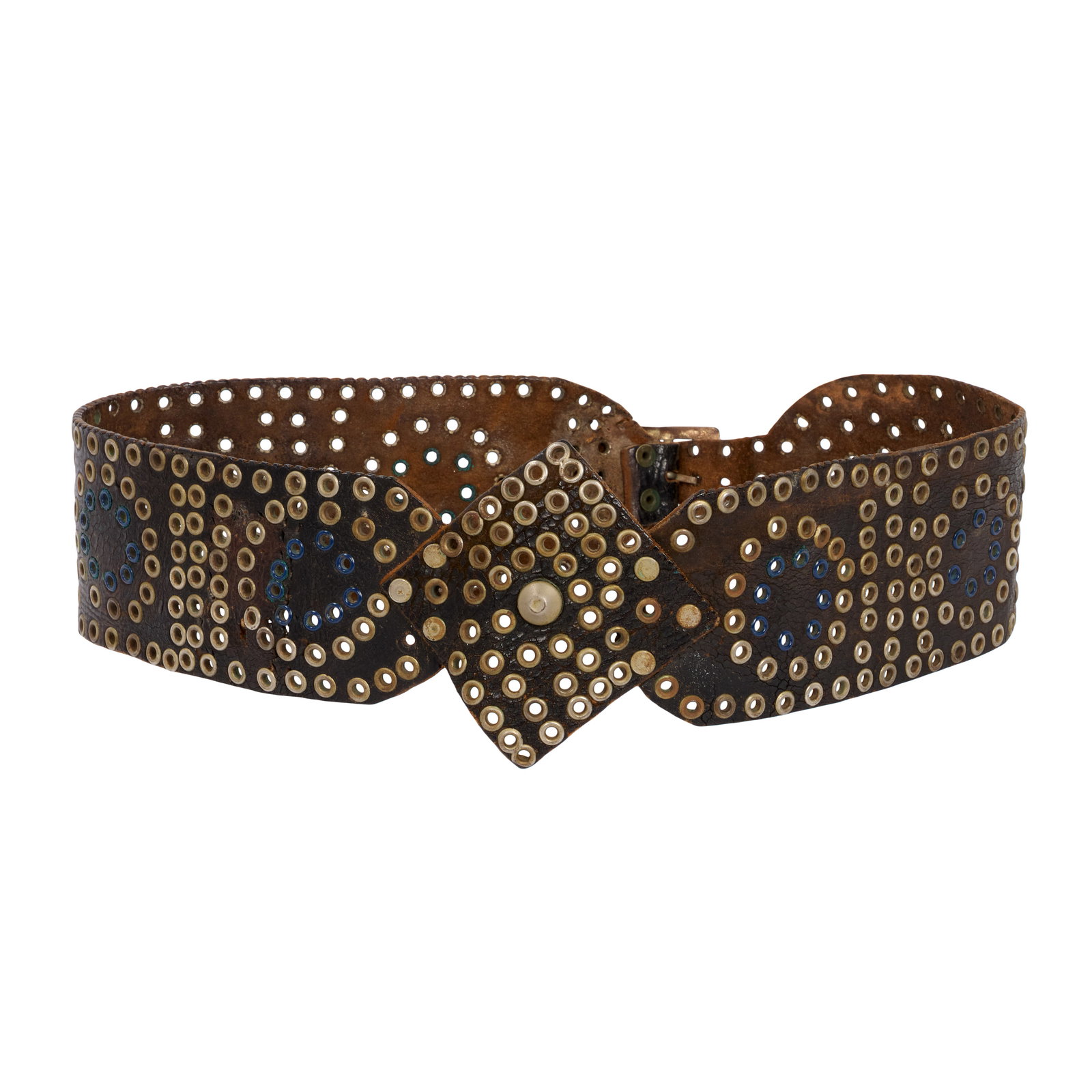 The Rolling Stones | Mick Jagger 1969 Hyde Park Concert Stage-Worn Belt with Photos: A brown leather oversized belt, with various silver-tone grommets in circular patterns throughout (some are painted blue), stage-worn by Mick Jagger on various occasions from 1968-1971, including at