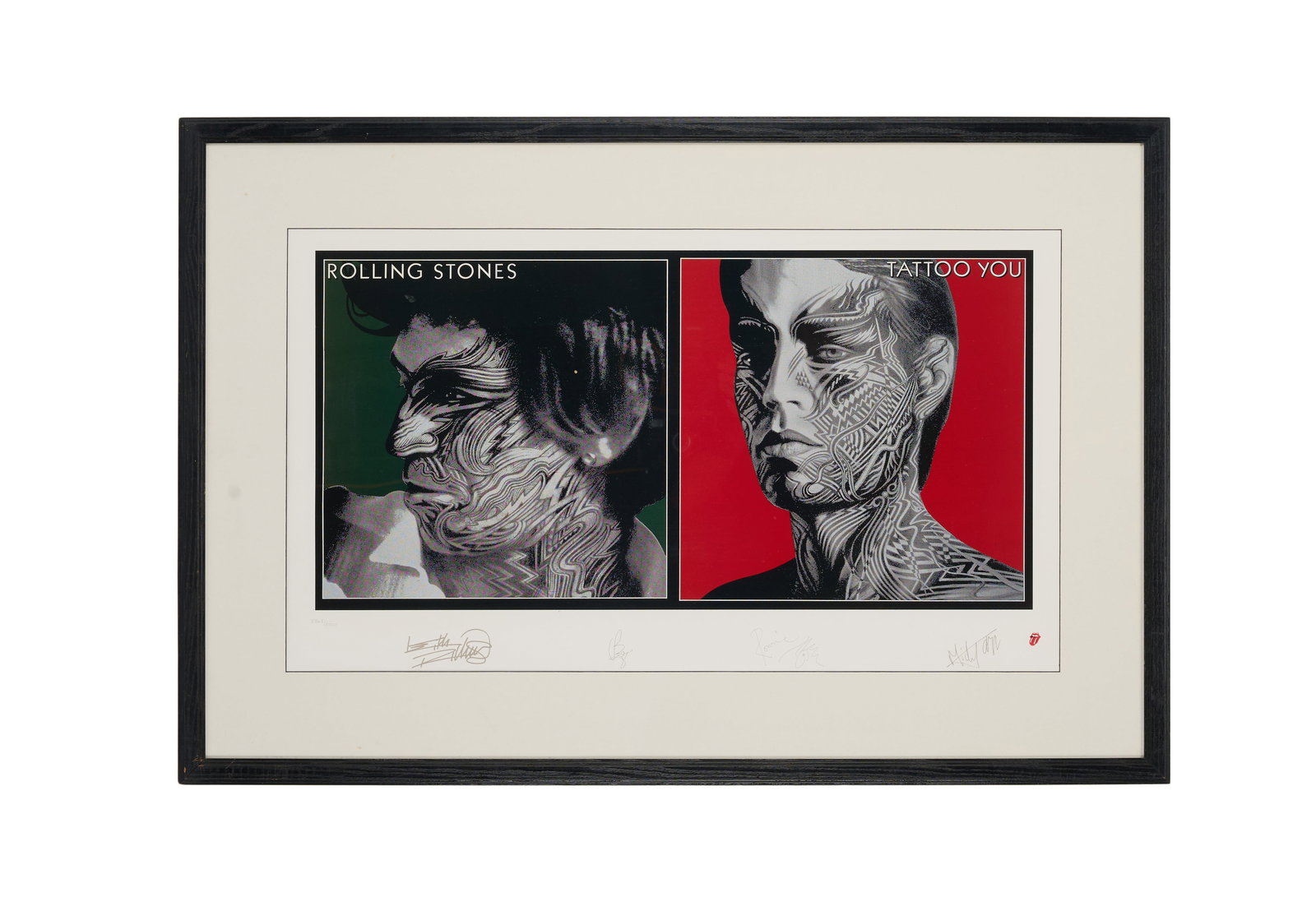 The Rolling Stones | "Tattoo You" Limited Edition Lithograph: This is a limited edition framed lithograph featuring the artwork for The Rolling Stones' 1981 Album Tattoo You, including facsimiles of each band member's signatures. Numbered 3365/5000. 