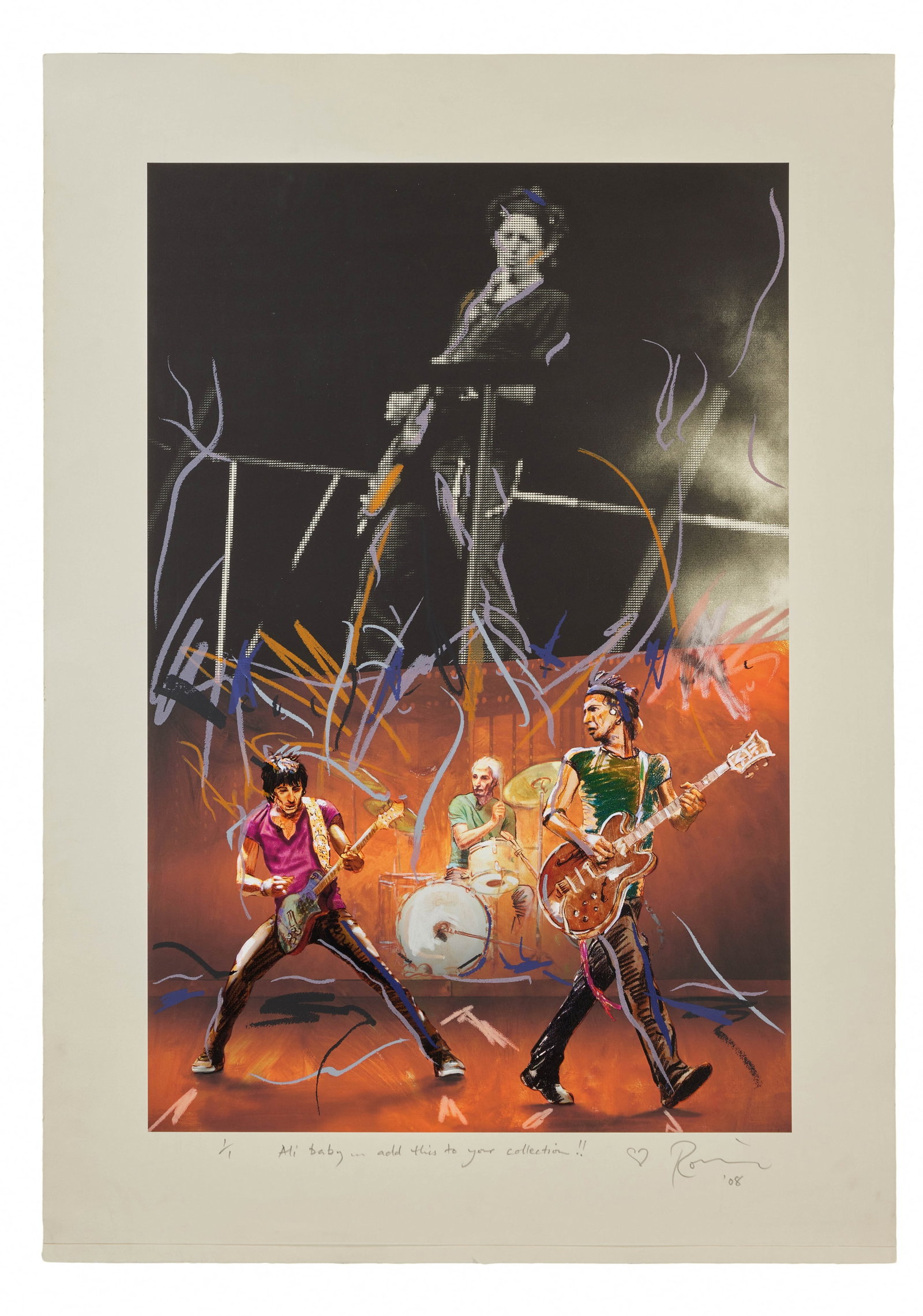 Ronnie Wood | Signed Print of The Rolling Stones: An original limited edition one of one artwork featuring an image of Ronnie Wood, Charlie Watts and Keith Richards on stage created by Ronnie Wood. The lower edge has been signed in pencil by