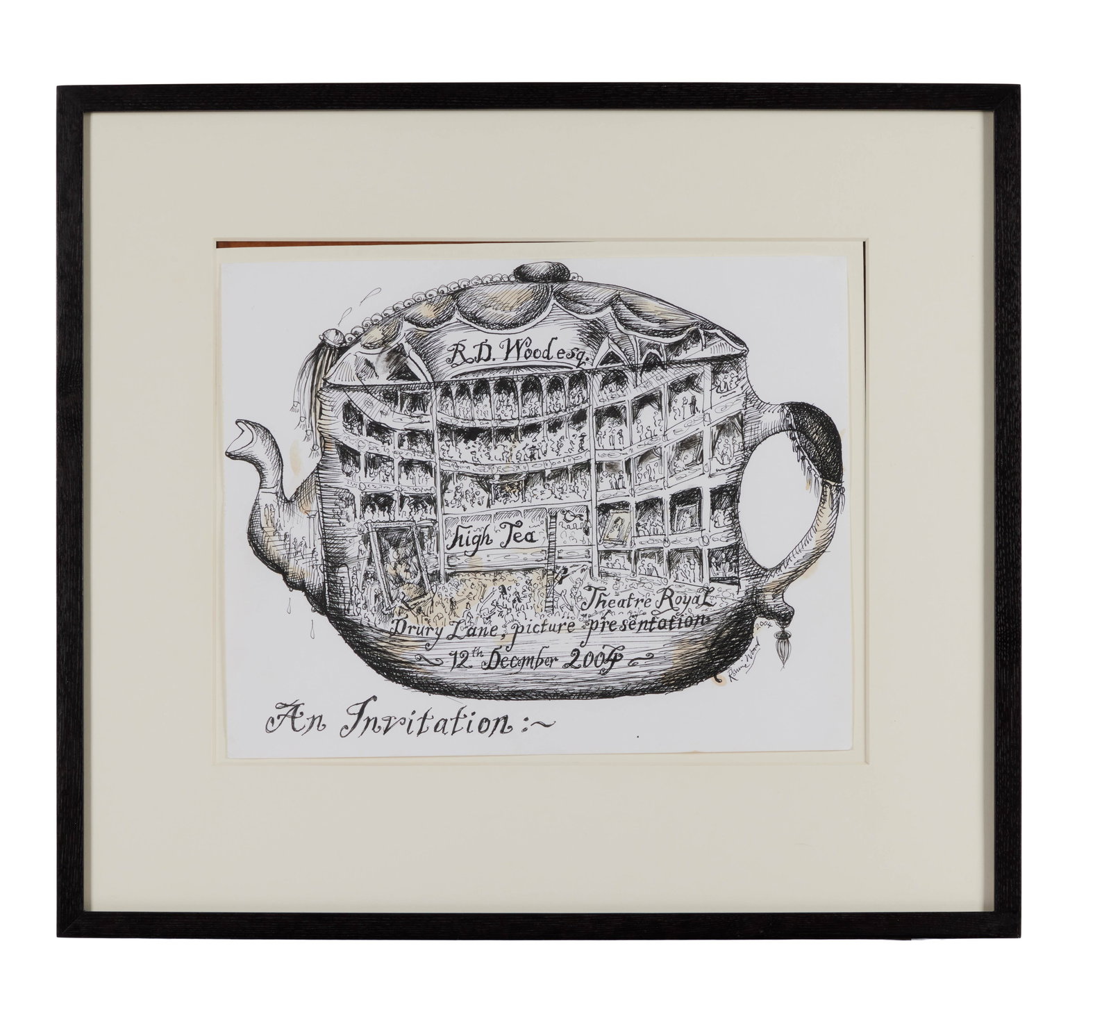 Ronnie Wood | "High Tea" Signed Original Ink on Paper Illustration: An original Ronnie Wood ink on paper illustration entitled "High Tea," signed by him.