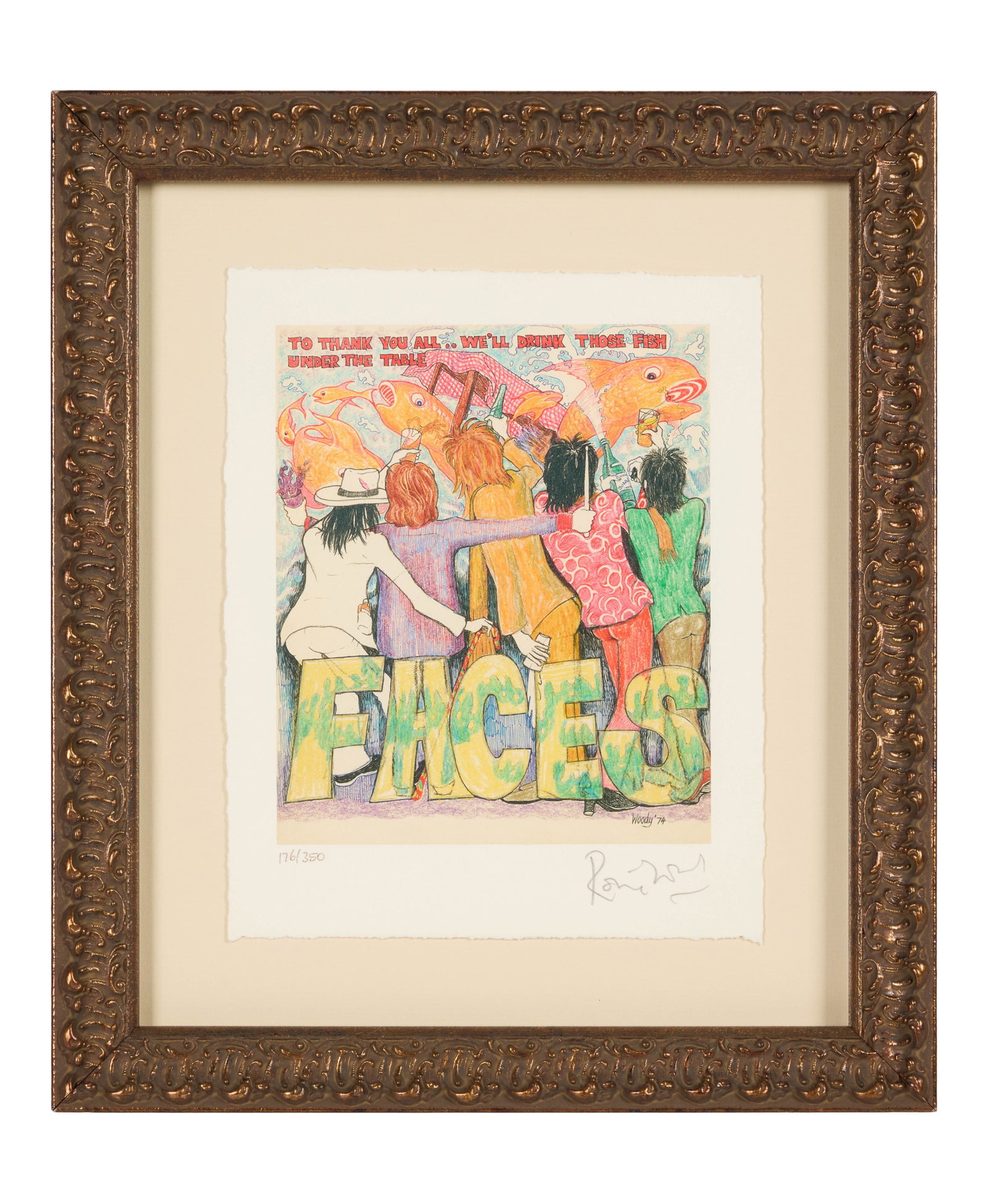 Ronnie Wood | Signed Limited-Edition "We'll Drink These Fish" Faces Print: A framed limited-edition print originally designed by Ronnie Wood as promo for The Faces, titled "We'll Drink These Fish," signed by Wood in pencil at the bottom right. Numbered 176/350.