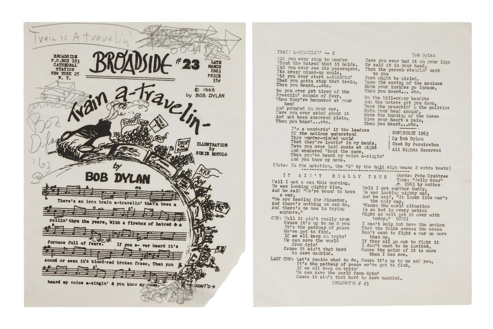 Bob Dylan | 1963 Signed "Broadside" Magazine Music and Lyrics: Two pages from Issue #23 (March 1963) of the influential New York mimeograph publication, Broadside magazine, featuring various unique embellishments in pencil by Bob Dylan dating to the publication o