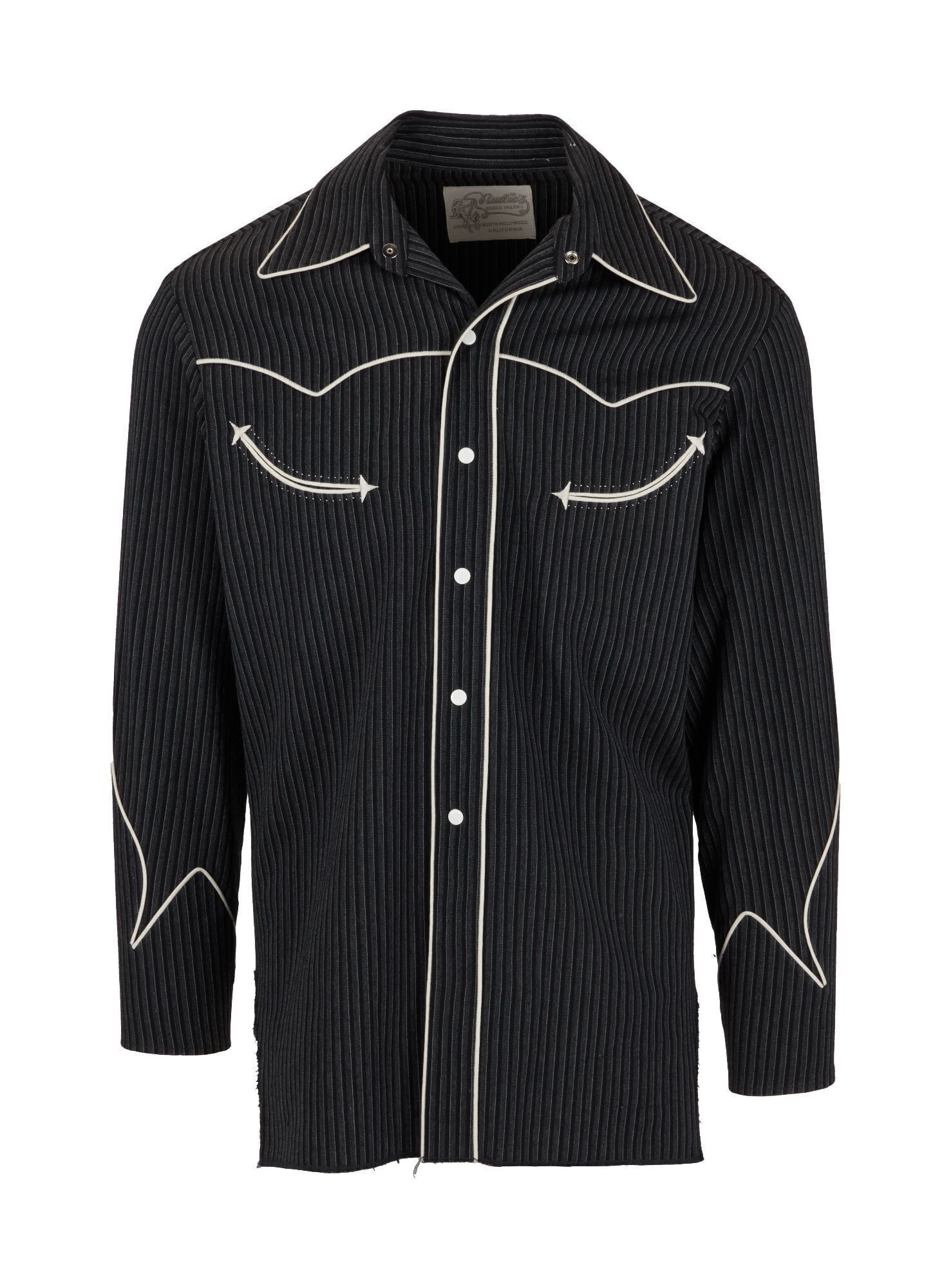 Bob Dylan | Stage-Worn Nudie's Western Shirt: A Nudie's western button-down shirt, owned by Bob Dylan, c. 1970s. The black-and-grey-striped western shirt features white piping, two front pockets, and white snap buttons down the front and al