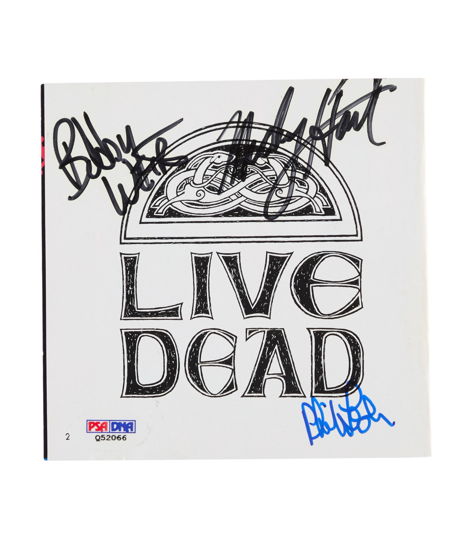 Grateful Dead | Bob Weir, Phil Lesh, and Mickey Hart Signed "Live / Dead" CD Album Booklet: A booklet from the Grateful Dead CD album, Live/Dead, signed by Bobby Weir and Mickey Hart in black marker, and by Phil Lesh in blue marker. Accompanied by a Letter of Authenticity from PSA.