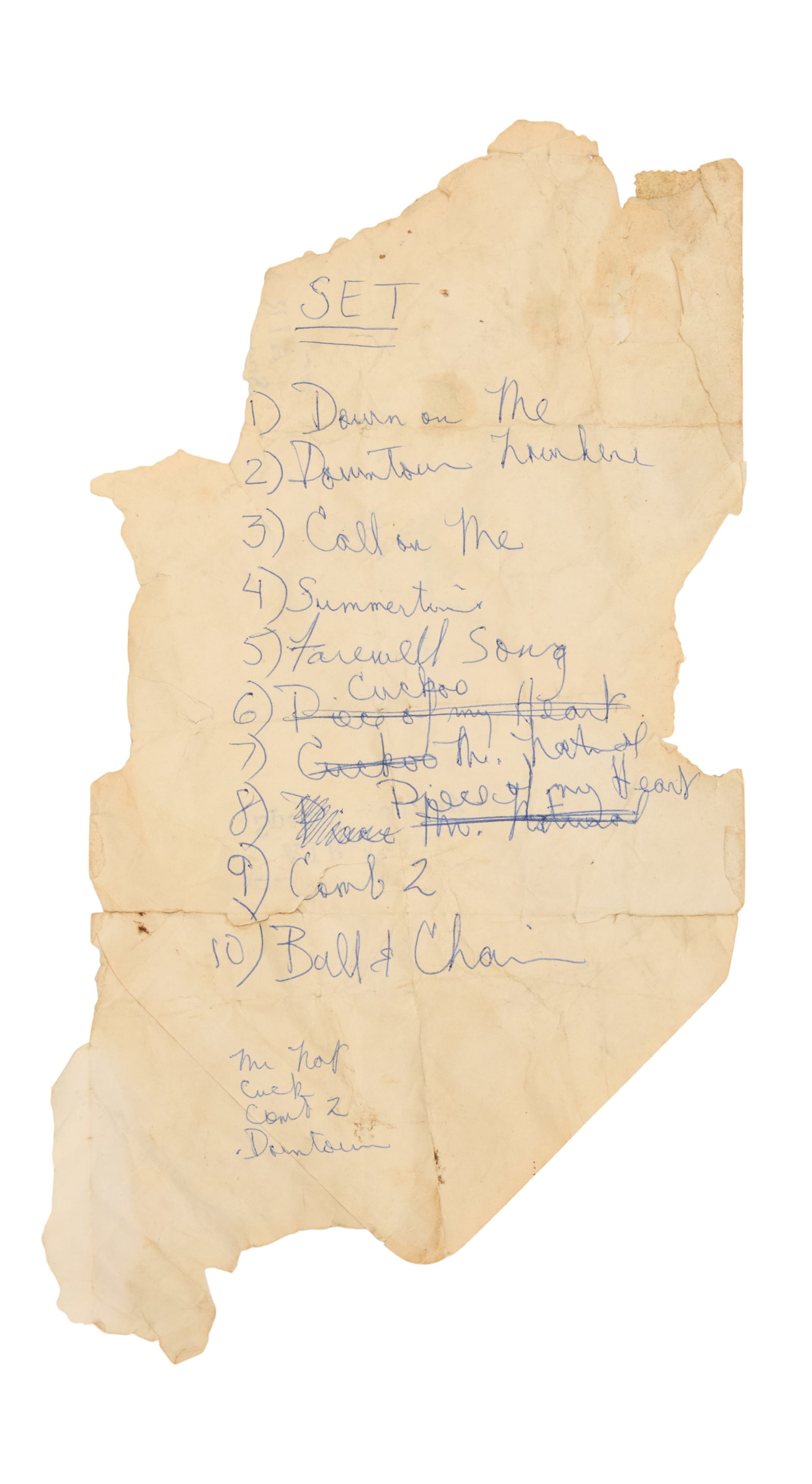 Janis Joplin | Handwritten 1968 Set List: A torn envelope, addressed to Mary Jane Lorince of Collingswood, N.J., containing a setlist in the hand of Janis Joplin from her show with Big Brother and the Holding Company at The Bushnell Auditoriu