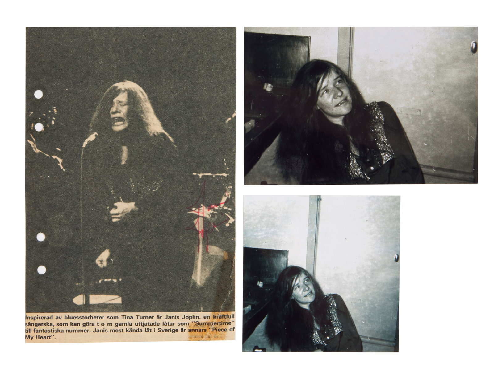 Janis Joplin | Signed Newspaper Page with Photos: A clipped-out Swedish newspaper page with photo of Janis Joplin, signed by her in red marker. Together with a snapshot of Janis, in two sizes. Accompanied by a Letter of Authenticity.