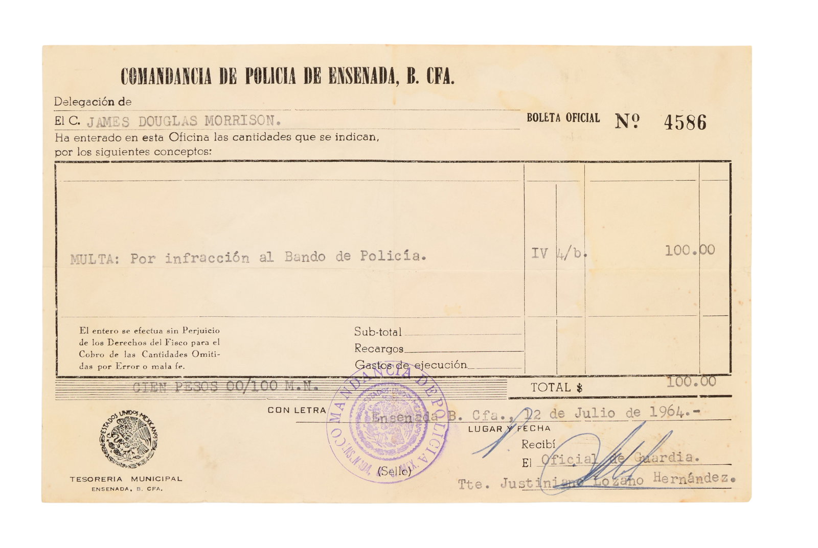 Jim Morrison | 1964 Document Related to Citation in Ensenada, Mexico: The original citation received by Jim Morrison on July 12, 1964, in Ensenada, Mexico, for "MULTA: Por infracci?n al Bande de Polic?a (FINE: For violation of the Police Band)," which resulted in a