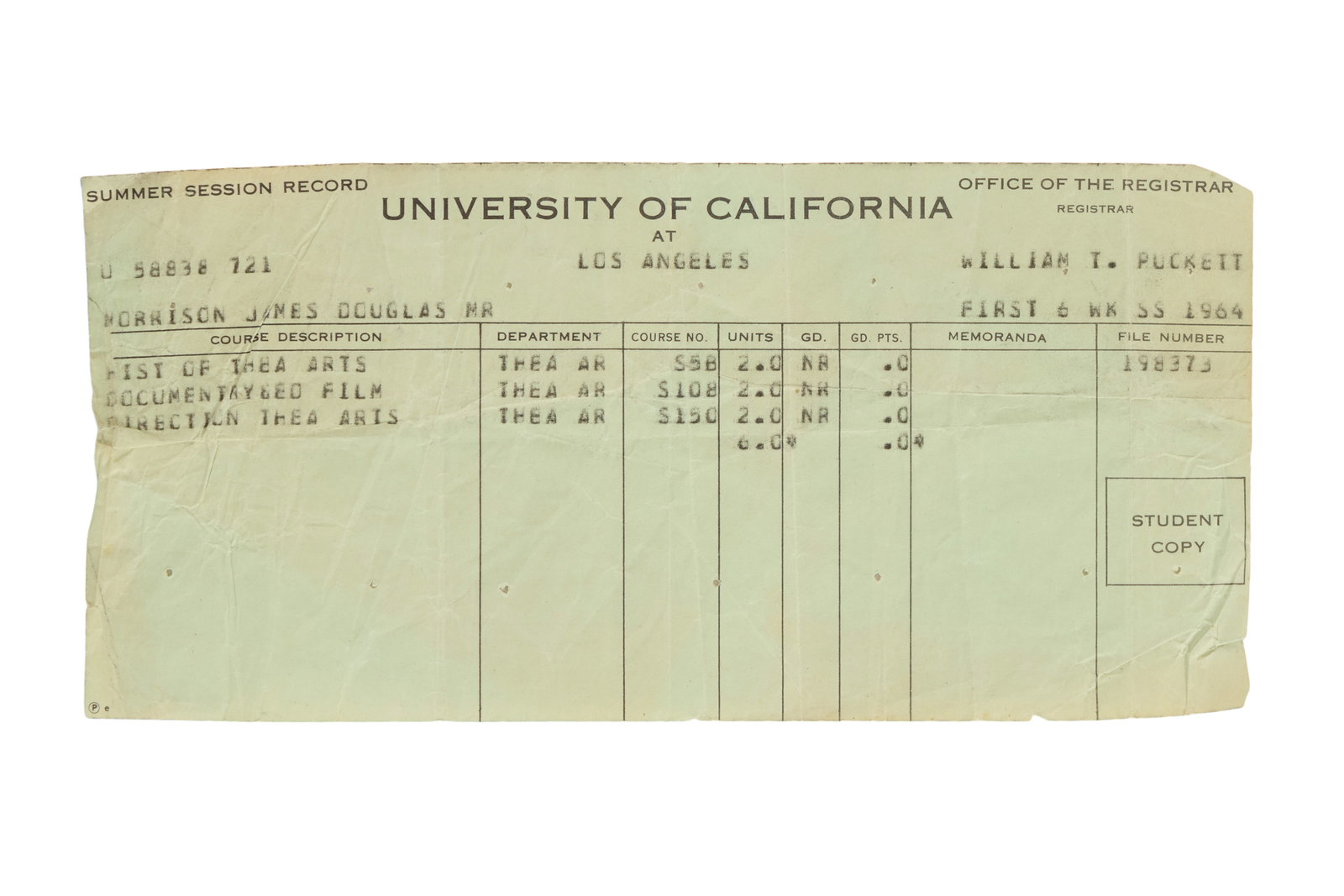 Jim Morrison | 1964 UCLA Summer Class Registration Sheet (1 of 2)
