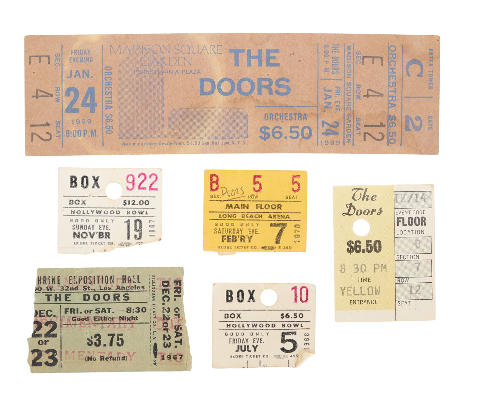 The Doors | 1967-1970 Vintage Concert Tickets: A group of six vintage tickets to various The Doors concerts including: a full-sized ticket to Madison Square Garden on January 24, 1969; a torn ticket to Shrine Exposition Hall on December 22 (or 23)