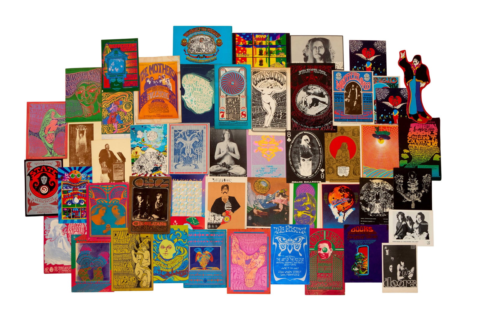 The Doors | Vintage Assorted Psychedelic Postcards and Fliers For Various Bands: A group of forty-nine assorted psychedelic postcards, concert fliers, and other small artworks, featuring bands/artists including: The Doors, John Lennon, Muddy Waters Blues Band, Jefferson Airplane, 