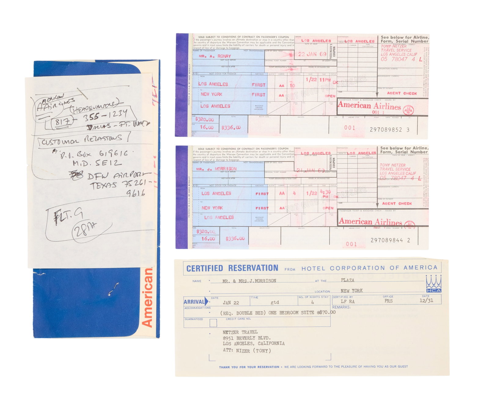 Jim Morrison | 1969 Copies of Airline Tickets and Plaza Hotel Reservation Receipt: Two carbon copies of American Airlines tickets for Jim Morrison (issued on January 21, 1969) and Alain Ronay (issued on January 22, 1969), housed in an original American Airlines paper ticket pouch.
