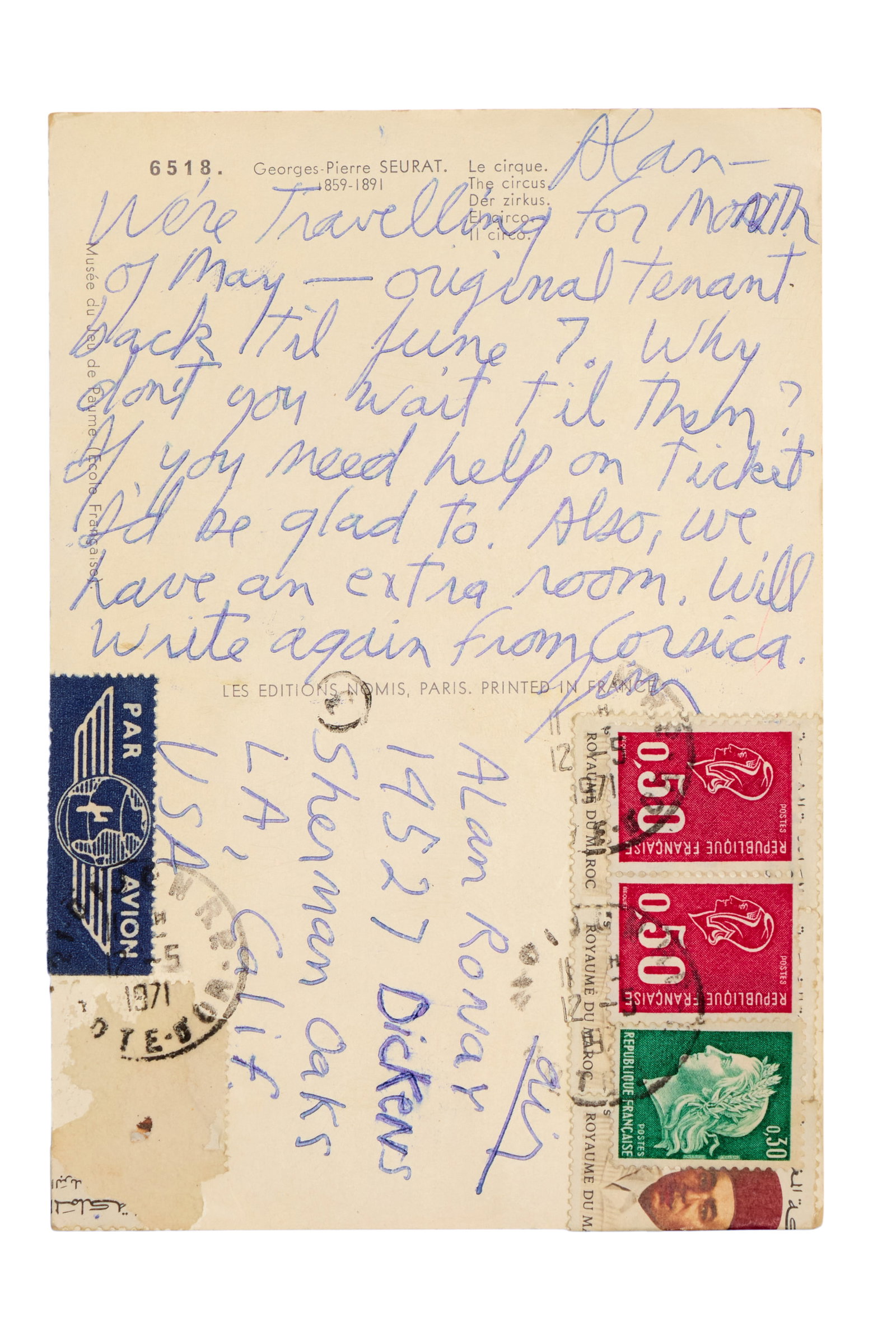 Jim Morrison | Handwritten Postcard to Alain Ronay Dated May 12, 1971: A postcard, postmarked May 12, 1971, handwritten in blue ink from Jim Morrison to Alan Ronay (actually spelled Alain Ronay) in Sherman Oaks, CA, which reads: "Alan - We're travelling for month of May 