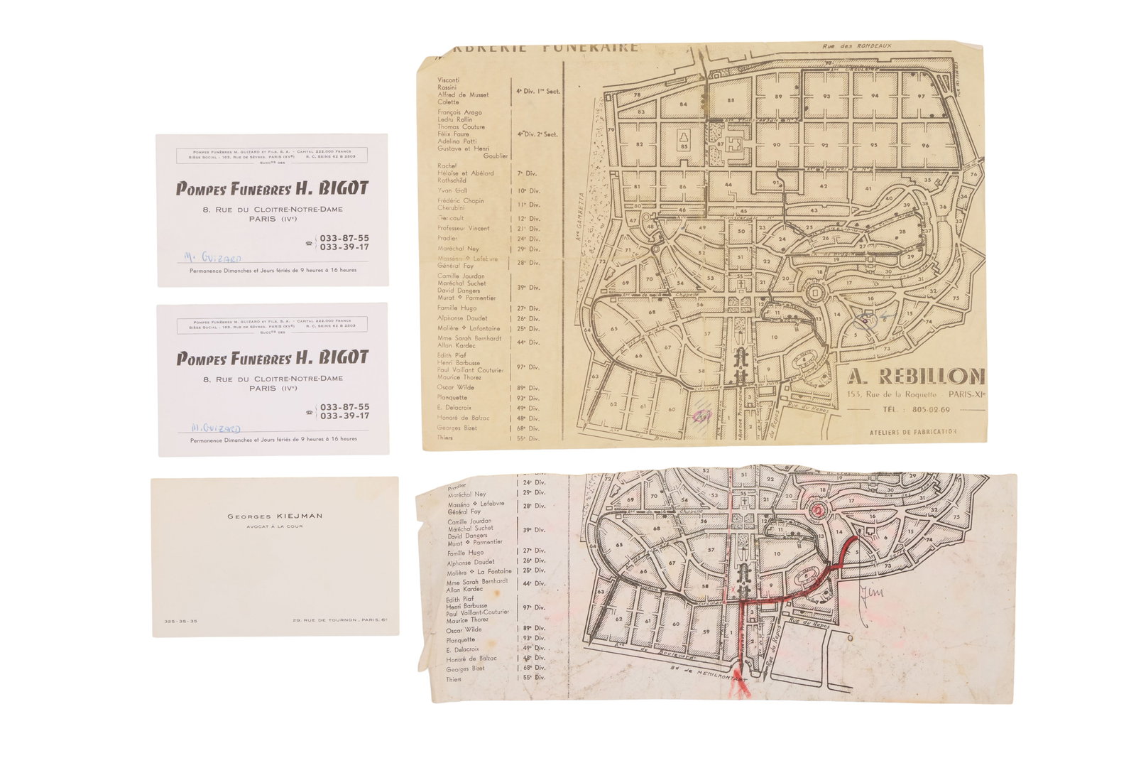 Jim Morrison | Death Related Ephemera: A group of ephemera related to the death of Jim Morrison including: two cropped maps of P?re Lachaise cemetery in Paris, France (where Morrison is buried), one marked with Morrison's location, the oth