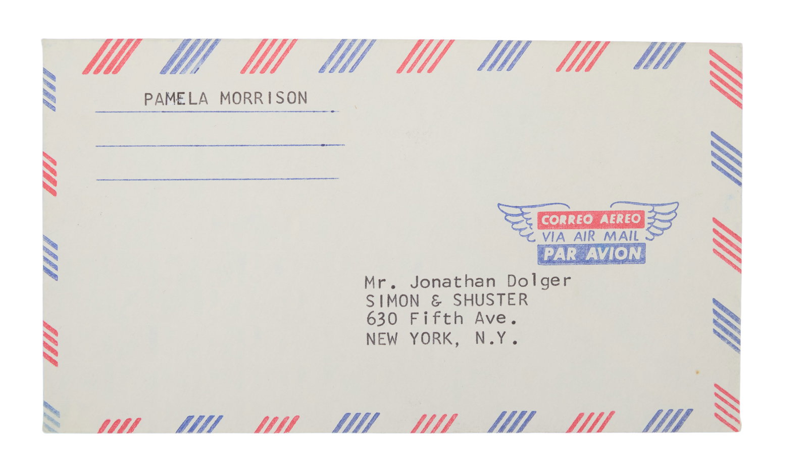 Jim Morrison | Pamela Morrison Unused Return Envelope Addressed To Simon & Schuster: An unused return envelope addressed to Mr. Jonathan Dolger at Simon & Schuster, from Pamela Morrison (Jim Morrison's common-law wife). During his lifetime, Morrison published The Lords and the