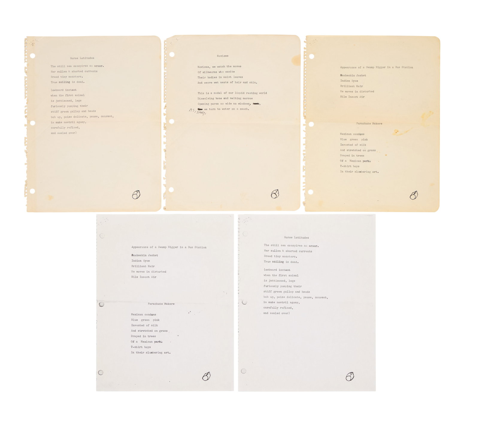 Jim Morrison | Typed Poems with Annotations with Copies: Three sheets of original typed poems by Jim Morrison, c. late 1960s, each with a hand-drawn symbol at the bottom right of what appears to be a Mars symbol inside of an oval-like shape. The poems