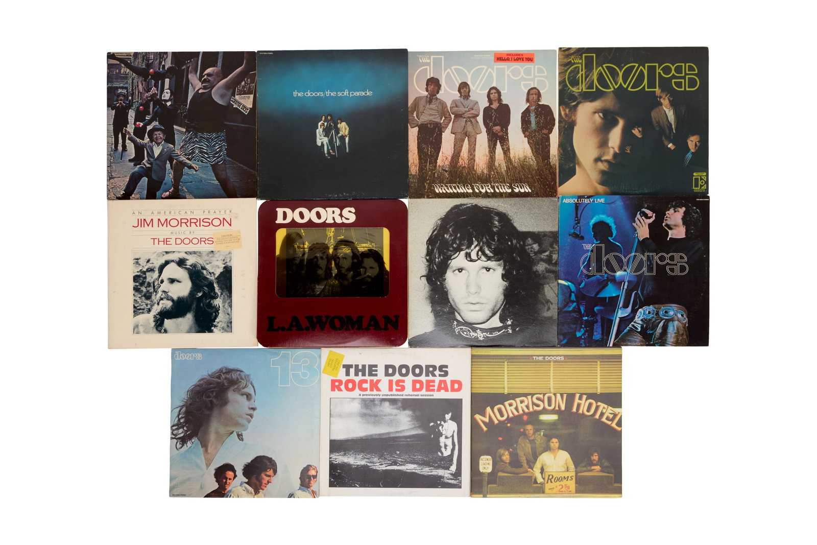 The Doors | Collection of Albums Owned by Jim Morrison's Friend Alain Ronay: A collection of 11 The Doors vinyl record albums (studio releases, rehearsal sessions, compilation albums, and live recordings), owned by Jim Morrison's former UCLA film school classmate and close, lo