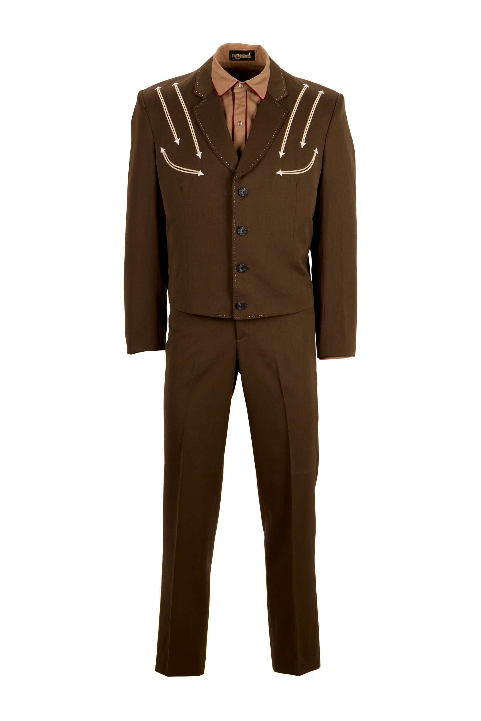 Rick Rosas | 2006 "Neil Young: Heart of Gold" Stage-Worn Manuel Western Suit Ensemble: A custom-made western suit ensemble, designed by famed celebrity tailor Manuel Cuevas, worn by legendary studio musician Rick Rosas in Neil Young: Heart of Gold (2006), the critically acclaimed