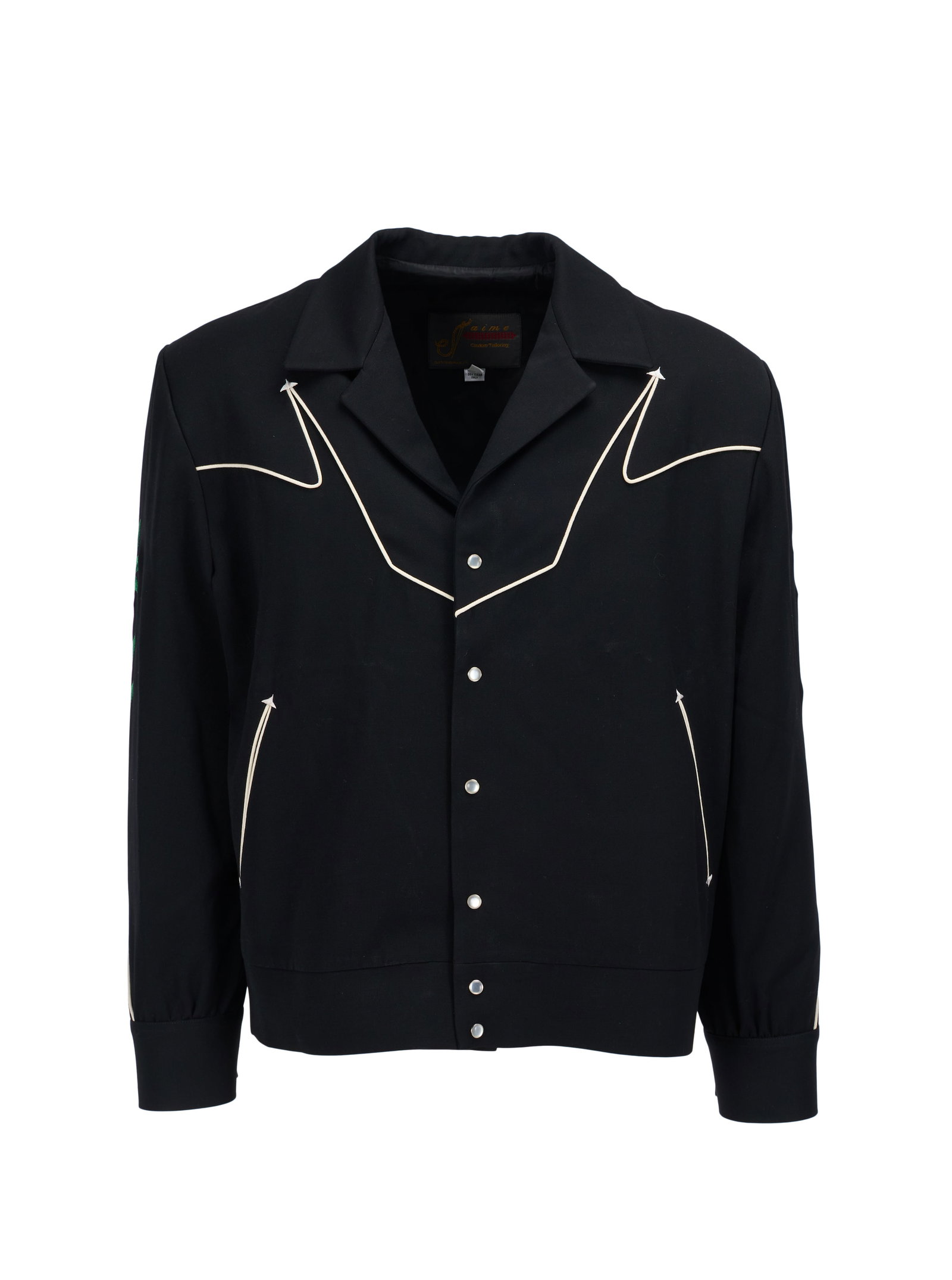 Rick Rosas | 2014 "Neil Young and Crazy Horse" Tour Stage-Worn Custom-Made Jaime Western Jacket: A custom-tailored western jacket, owned and stage-worn by legendary studio musician Rick Rosas during Neil Young's 2014 tour. The black wool jacket features white piping details along the front