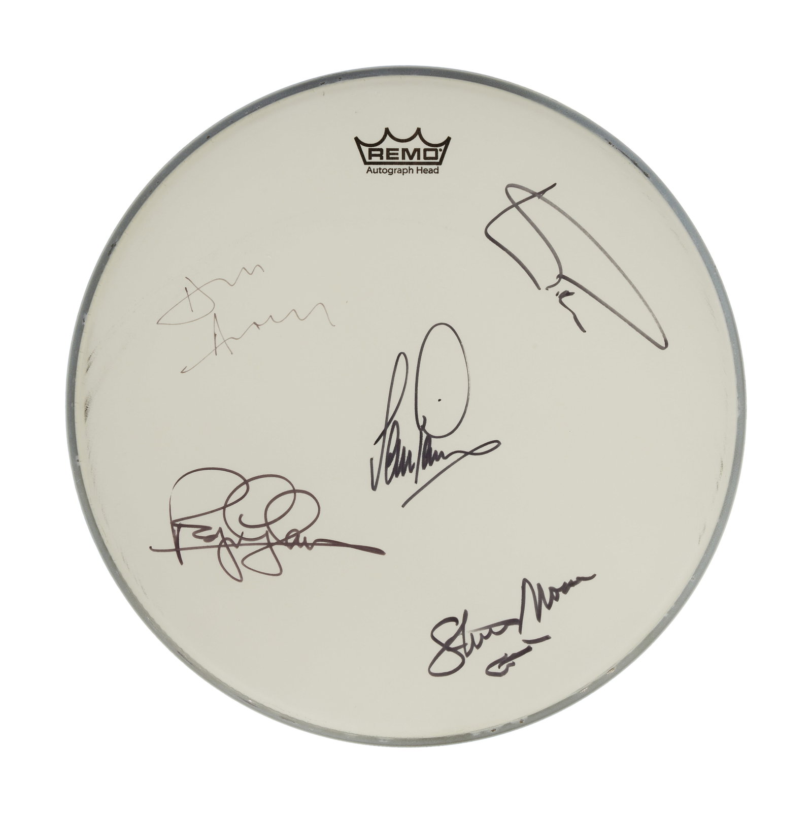 Deep Purple | Band Signed Remo Drum Head: A Remo drumhead autographed on the front by Deep Purple in black felt tipped pen. 