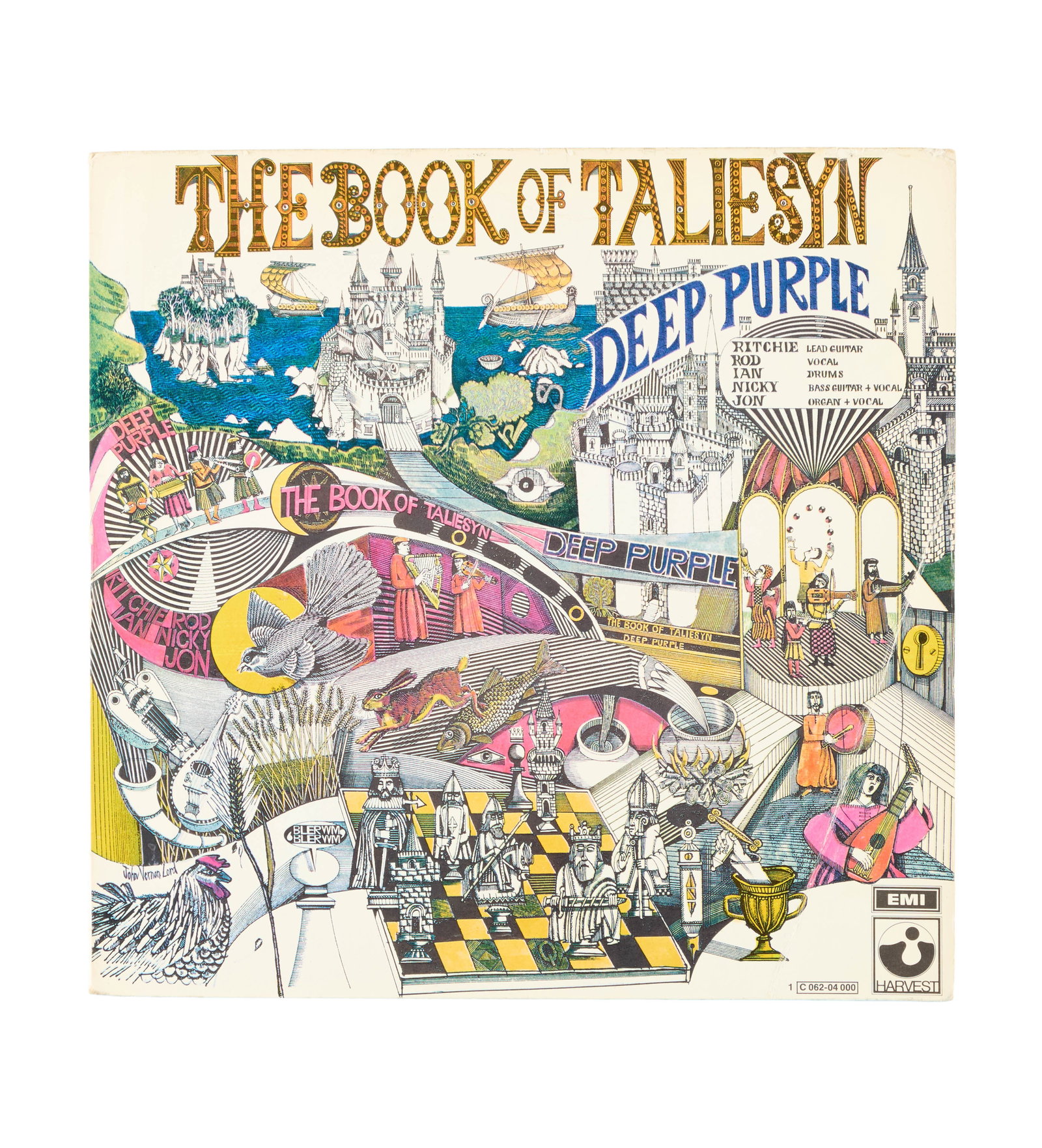 Deep Purple | Band Signed "The Book of Taliesyn" Record Album: Deep Purple's sophomore record album, The Book of Taliesyn, signed to the inner gatefold in blue ink by Jon Lord, Ian Paice, Roger Glover, and Rod Evans.