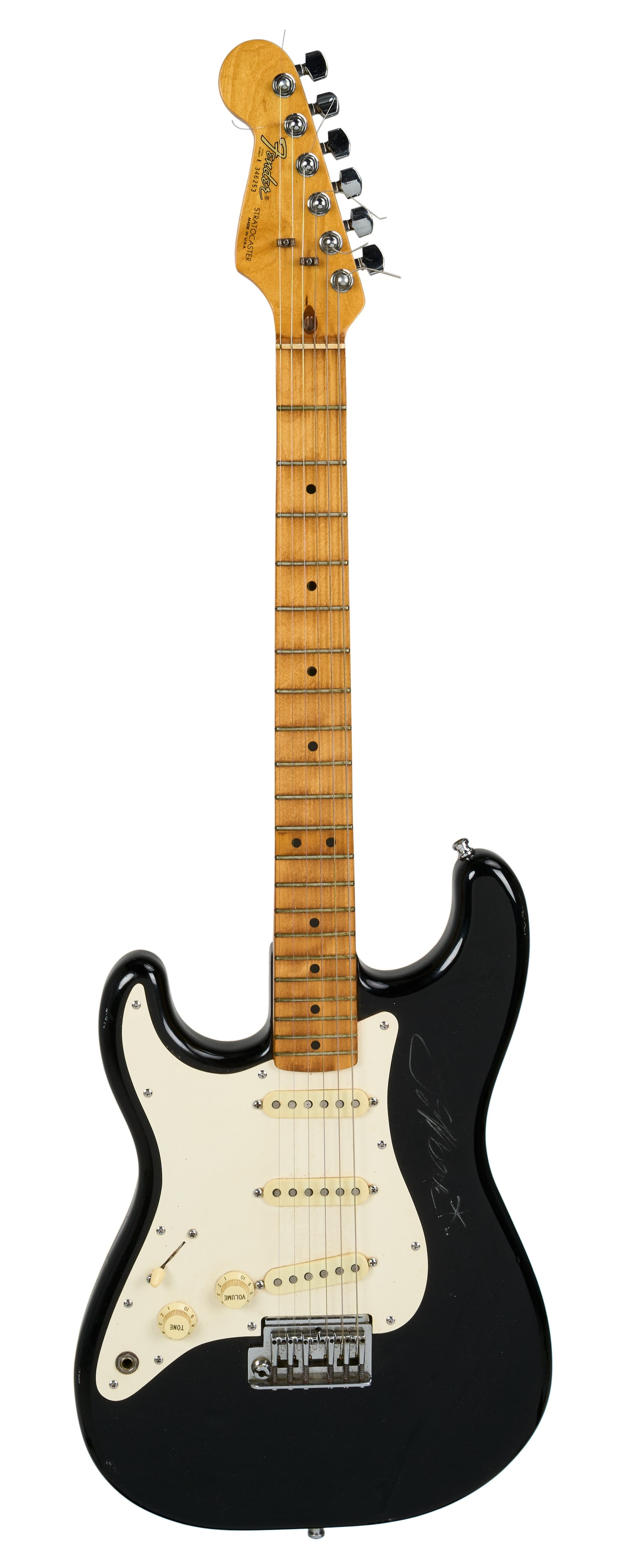Jeff Beck | Signed Fender Dan Smith Stratocaster, Black: A left-handed c.1983 Fender USA Dan Smith era Stratocaster electric guitar, serial number E346253, in black finish and signed on the bass side of the body in silver felt tip pen by Jeff Beck. The sign