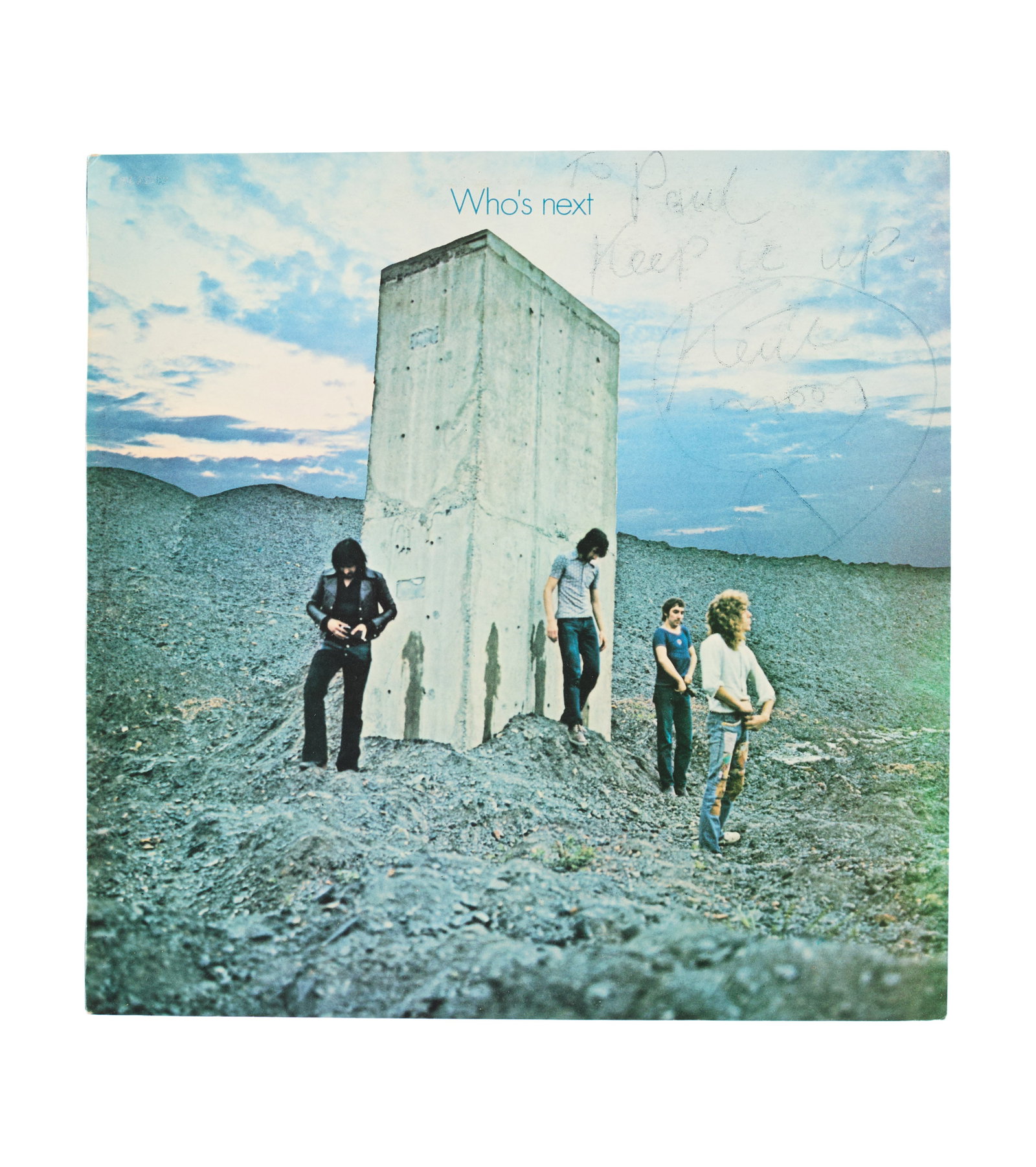 The Who | 1971 Keith Moon Signed "Who's Next" Record Album: A UK vinyl pressing of The Who's 1971 album Who's Next, signed by Keith Moon. Accompanied by a letter from the original recipient that explains the origins of the signature. 