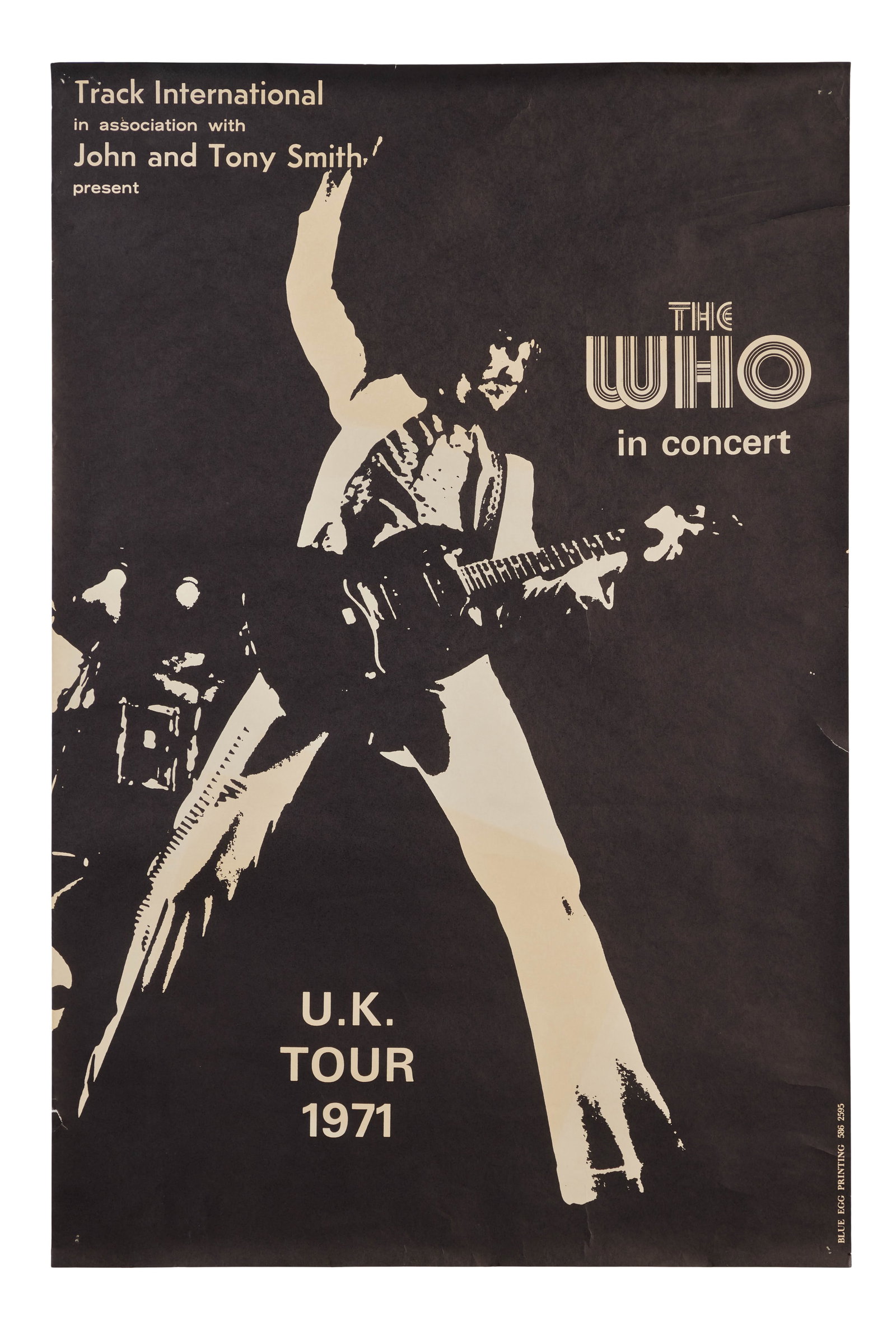 The Who | 1971 Track International UK Tour Poster: A black and white 1971 The Who UK tour poster featuring an image of Pete Townshend performing live. 
