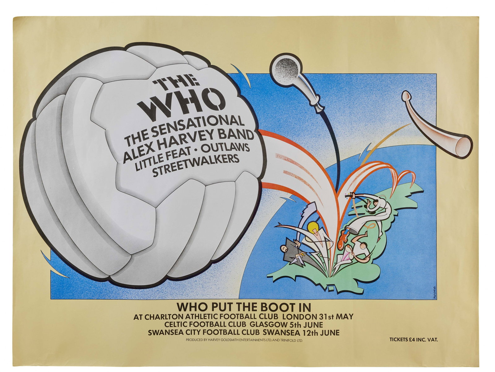 The Who | 1976 "Who Put The Boot In" Concert Poster: An original The Who concert poster for their Who Put The Boot In tour performances at Charlton Athletic Football Club, Celtic Football Club, and Swansea City Football Club in May and June 1976. 