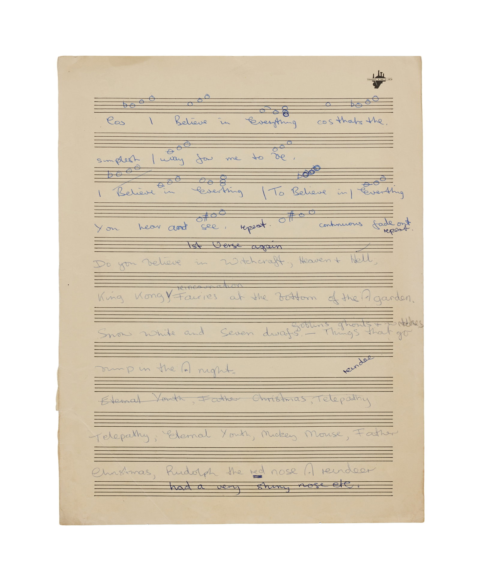 John Entwistle | Handwritten "I Believe In Everything" Lyrics (1 of 3)