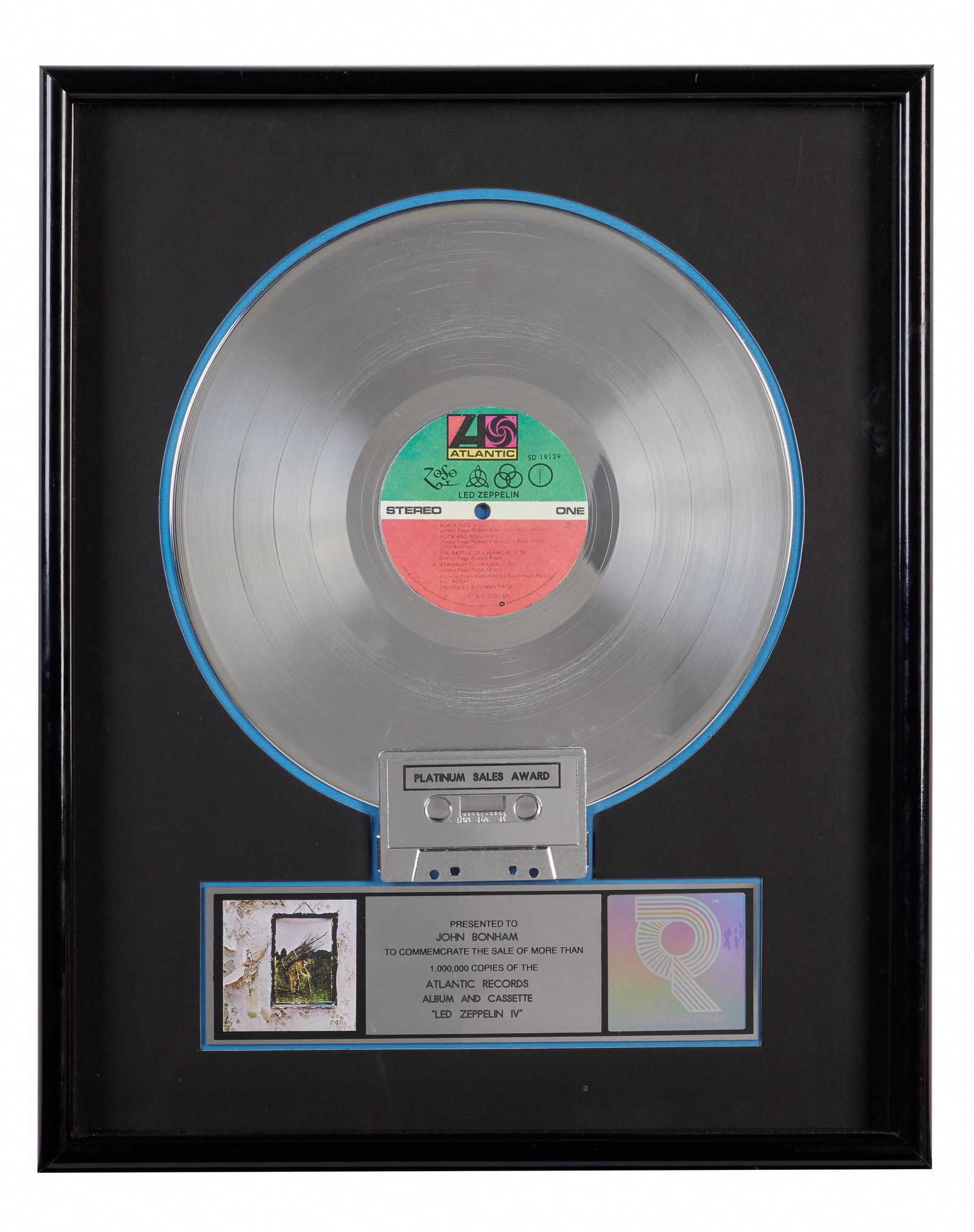 Led Zeppelin | John Bonham RIAA "Platinum" Sales Award for "Led Zeppelin IV": An RIAA-certified "Platinum" sales award presented to John Bonham to commemorate the sale of more than 1 million copies of Led Zeppelin's record album and cassette, Led Zeppelin IV. Ill Eagle sticker 