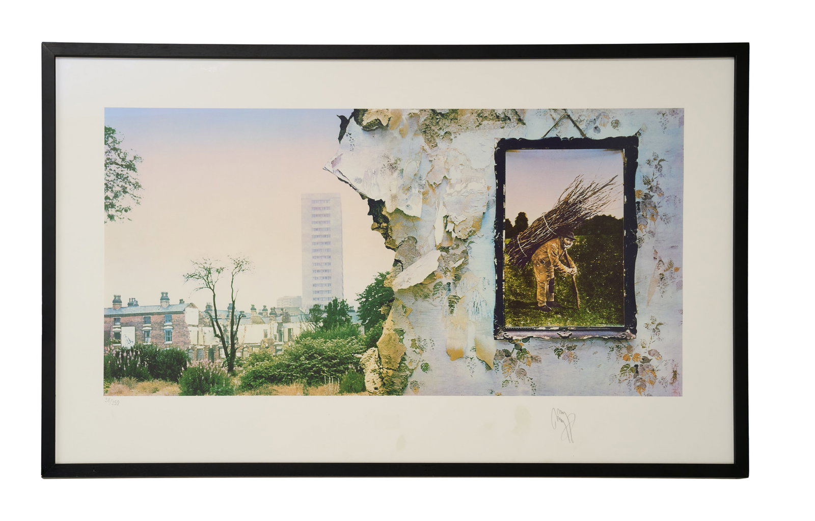 Led Zeppelin | Jimmy Page Signed Limited Edition "Led Zeppelin IV" Lithograph: A limited edition lithograph featuring the artwork for the front and back cover of the sleeve of the 1971 Led Zeppelin album Led Zeppelin IV signed by Jimmy Page in pencil. The lithograph is numbered 