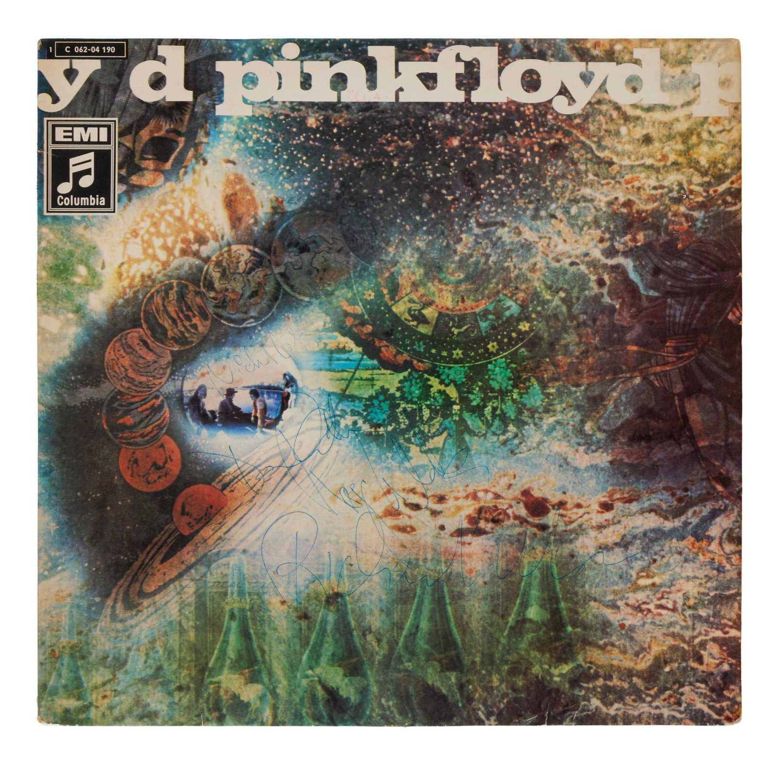 Pink Floyd | Band-Signed "A Saucerful of Secrets" Record Album: Pink Floyd's record album, A Saucerful of Secrets, signed to the cover by Nick Mason, David Gilmour, Roger Waters, and Richard Wright in blue ink.