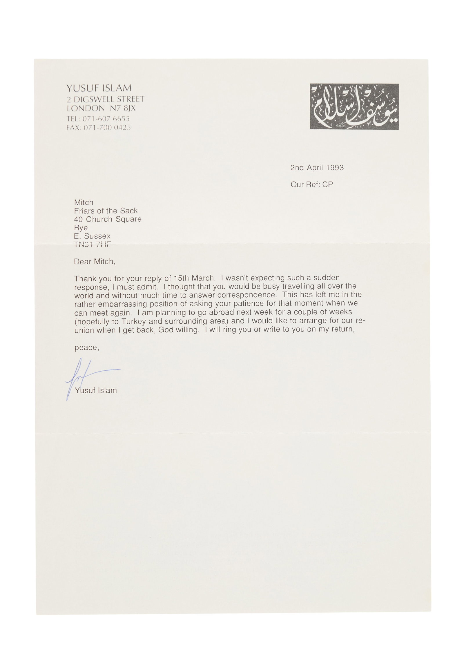 Cat Stevens / Yusuf Islam | 1993 Signed Letter Addressed To Mitch Mitchell: A typed letter on Yusuf Islam letterhead addressed to Mitch Mitchell and signed at the bottom by Yusuf dated April 2nd 1993. Cat Stevens converted to Islam in 1977 and changed his name to Yusuf Islam.