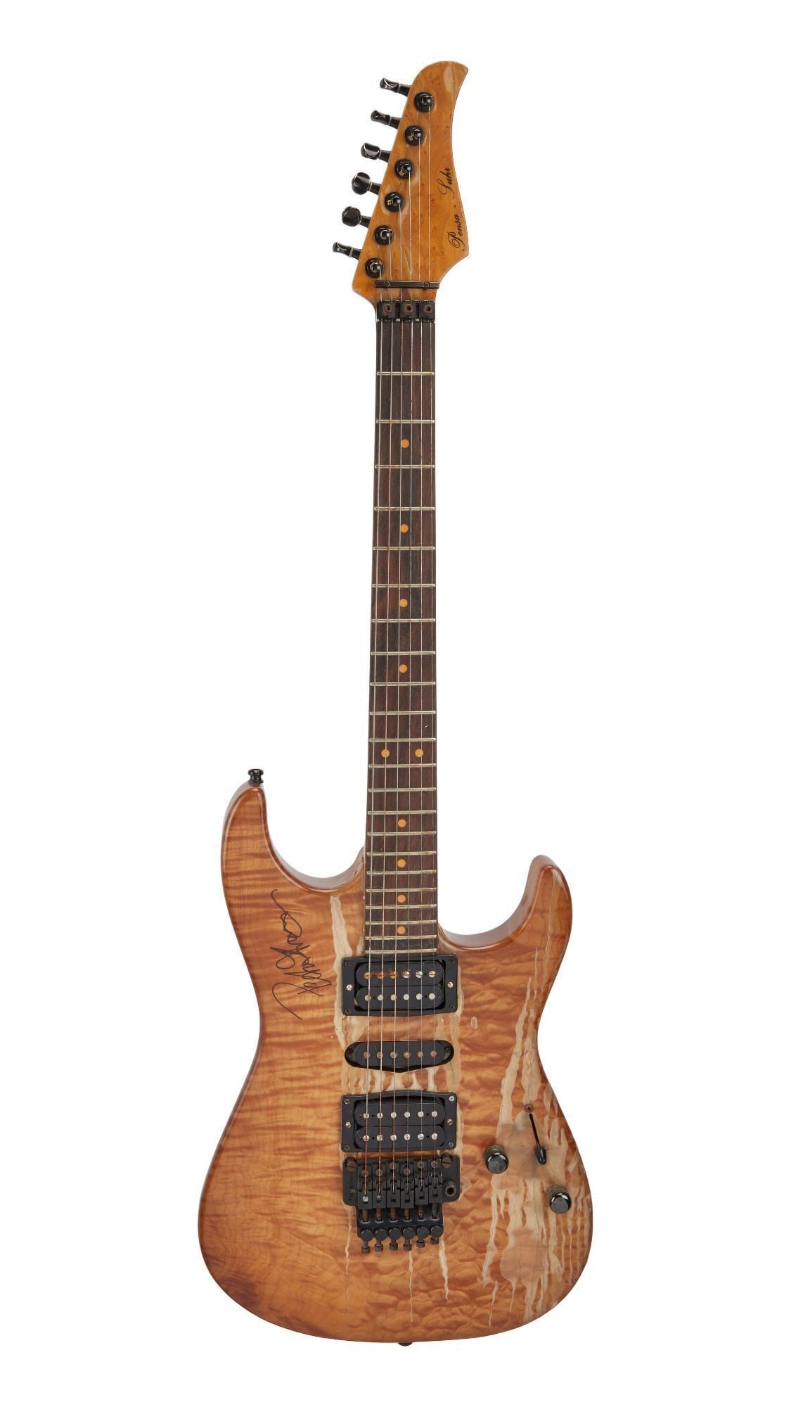 Peter Frampton | Photo Matched, Stage Played, and 2010 Tennessee Flood Damaged David Bowie Glass: A photo matched Pensa-Suhr Strat-style electric guitar built for Peter Frampton in January of 1987, and stage played by Frampton as part of David Bowie's 1987 Glass Spider Tour band (
