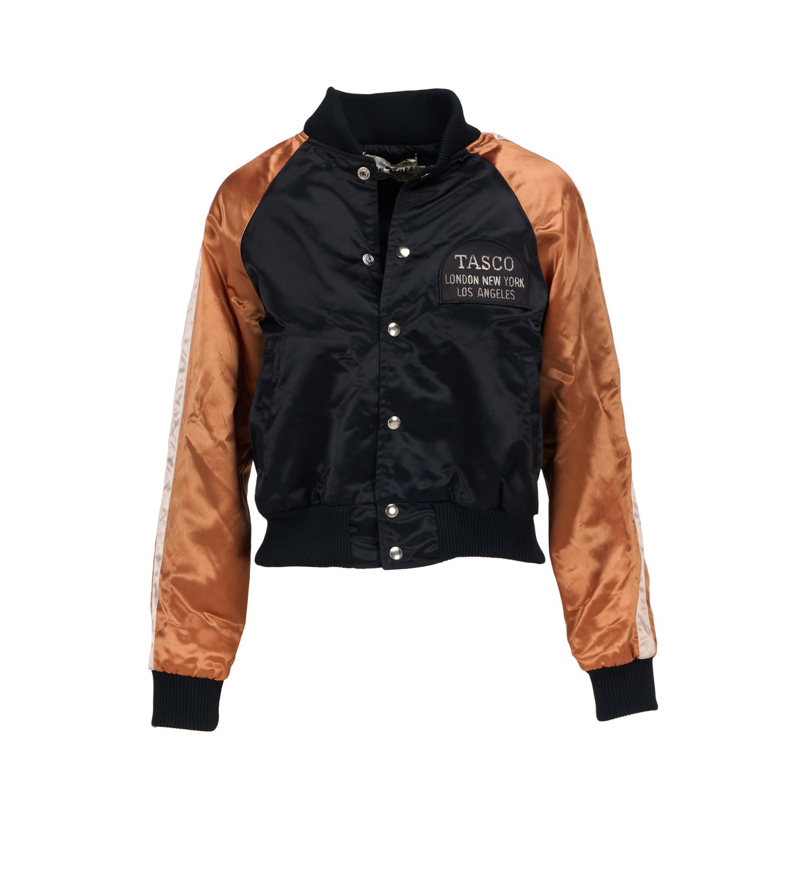 Eric Clapton | Pattie Boyd 1978 "Slowhand World Tour" Bomber Jacket: An original black satin tour jacket from Eric Clapton's 1978 "Slowhand" World Tour, worn by Pattie Boyd at the shows. The vintage bomber jacket features contrasting gold satin sleeves, ribbed cuffs, a