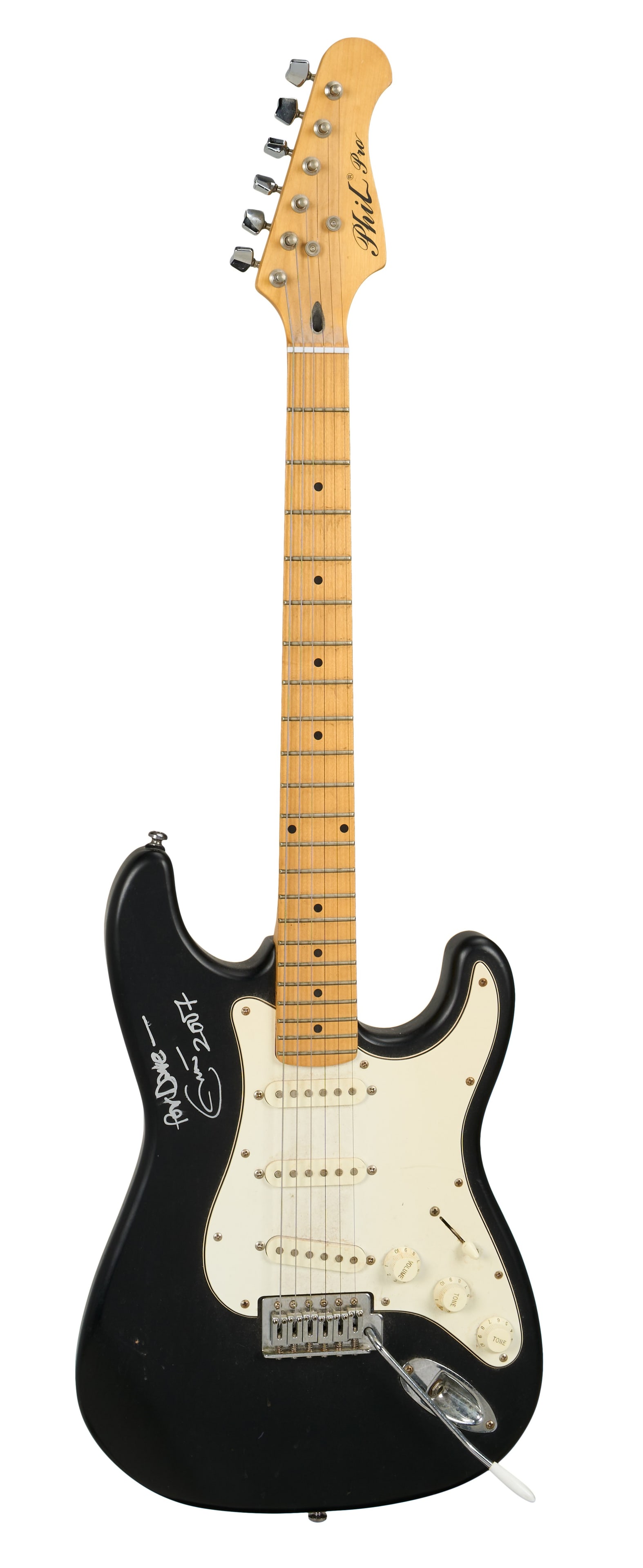 Eric Clapton | Signed Phil Pro Electric Guitar, Matte Black: A Phil Pro electric guitar in matte black finish signed by Eric Clapton in white felt tip pen and inscribed "For Dave 2007." The guitar includes a signed COA from Eric Clapton confirming that he perso