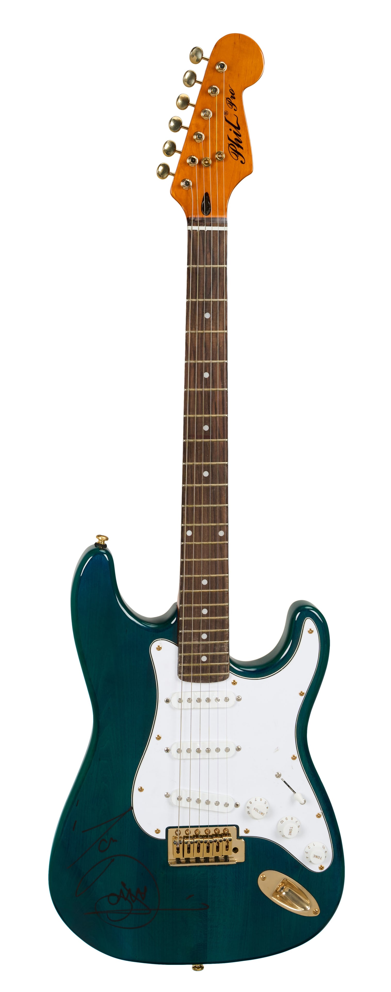 Eric Clapton | Signed Phil Pro Electric Guitar, Transparent Green: A Phil Pro electric guitar in transparent green finish with a white pickguard signed by Eric Clapton in black felt tip pen. The guitar includes a signed COA from Eric Clapton confirming that he person