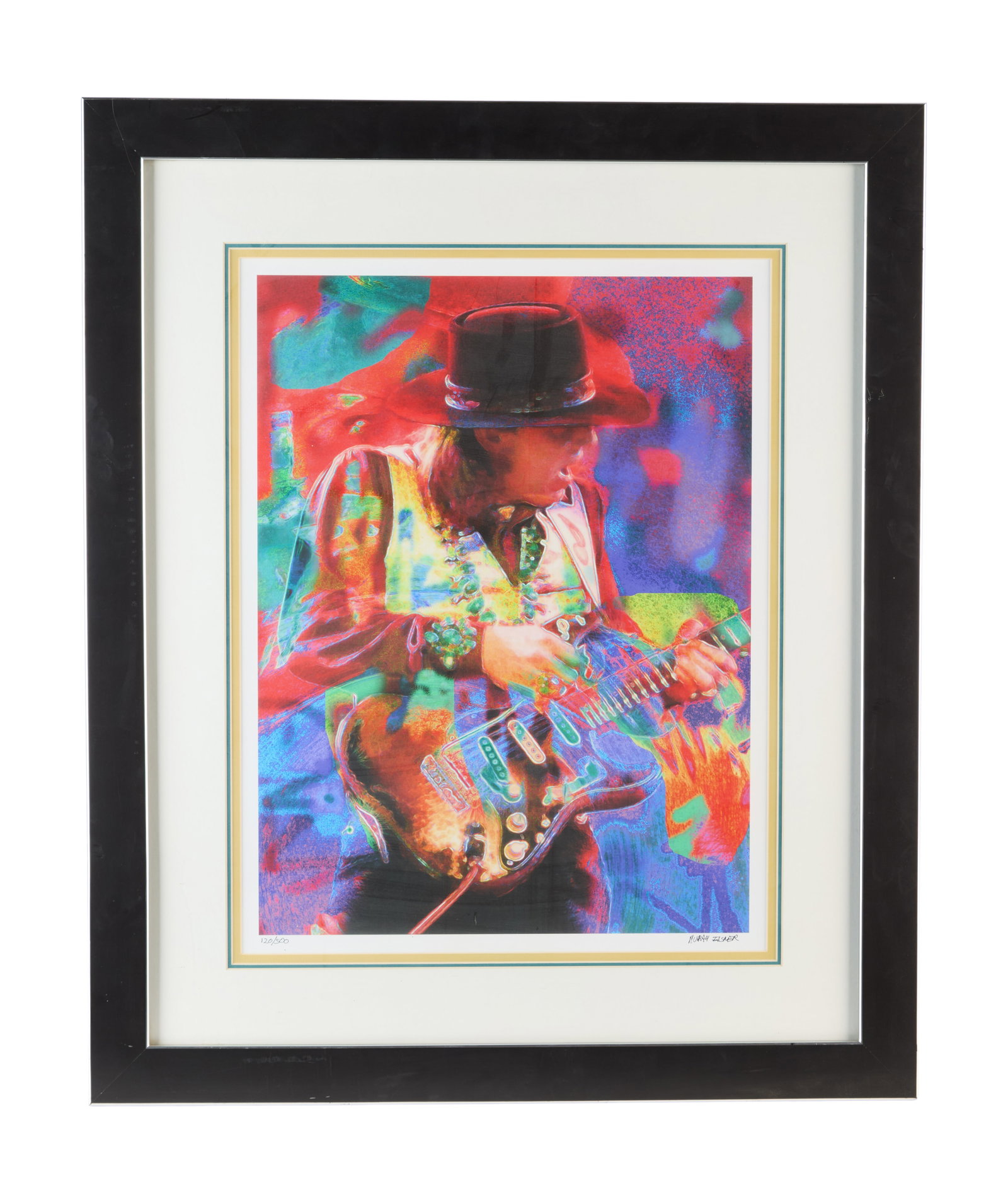 Stevie Ray Vaughan | Limited-Edition Murray Eisner Portrait Artwork: A limited-edition giclee on paper artwork of musician Stevie Ray Vaughan by artist Murray Eisner. Signed by artist at the lower right. Numbered 120/500. 