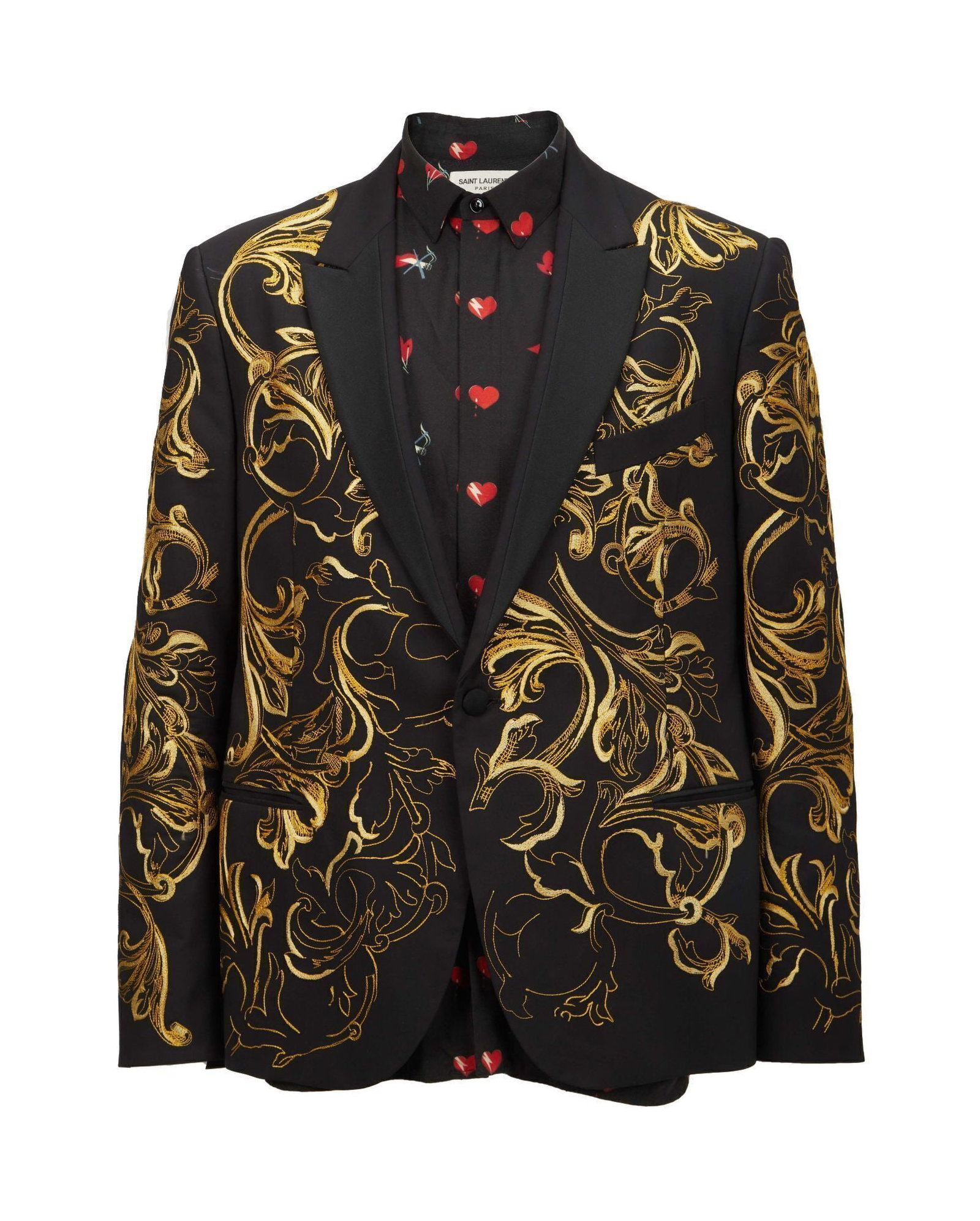 Sir Rod Stewart | 2018 Stage-Worn Hollywood Bowl Ensemble: An ensemble stage-worn by Sir Rod Stewart on June 25, 2018, at The Hollywood Bowl in Los Angeles, CA, including a black and gold brocade jacket by Versace; a black shirt with a red 'heart and lip' pri