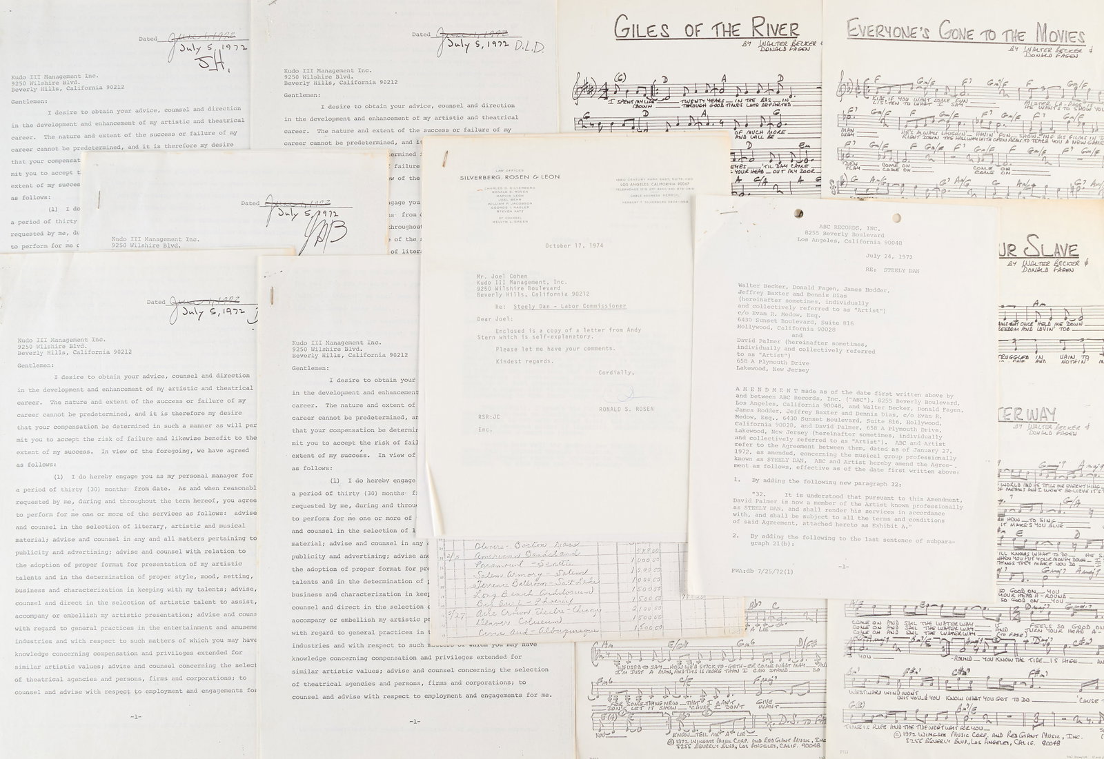 Steely Dan | 1972 Band-Signed Contract Amendment with Contracts, Legal Correspondence, and Lead (1 of 8)