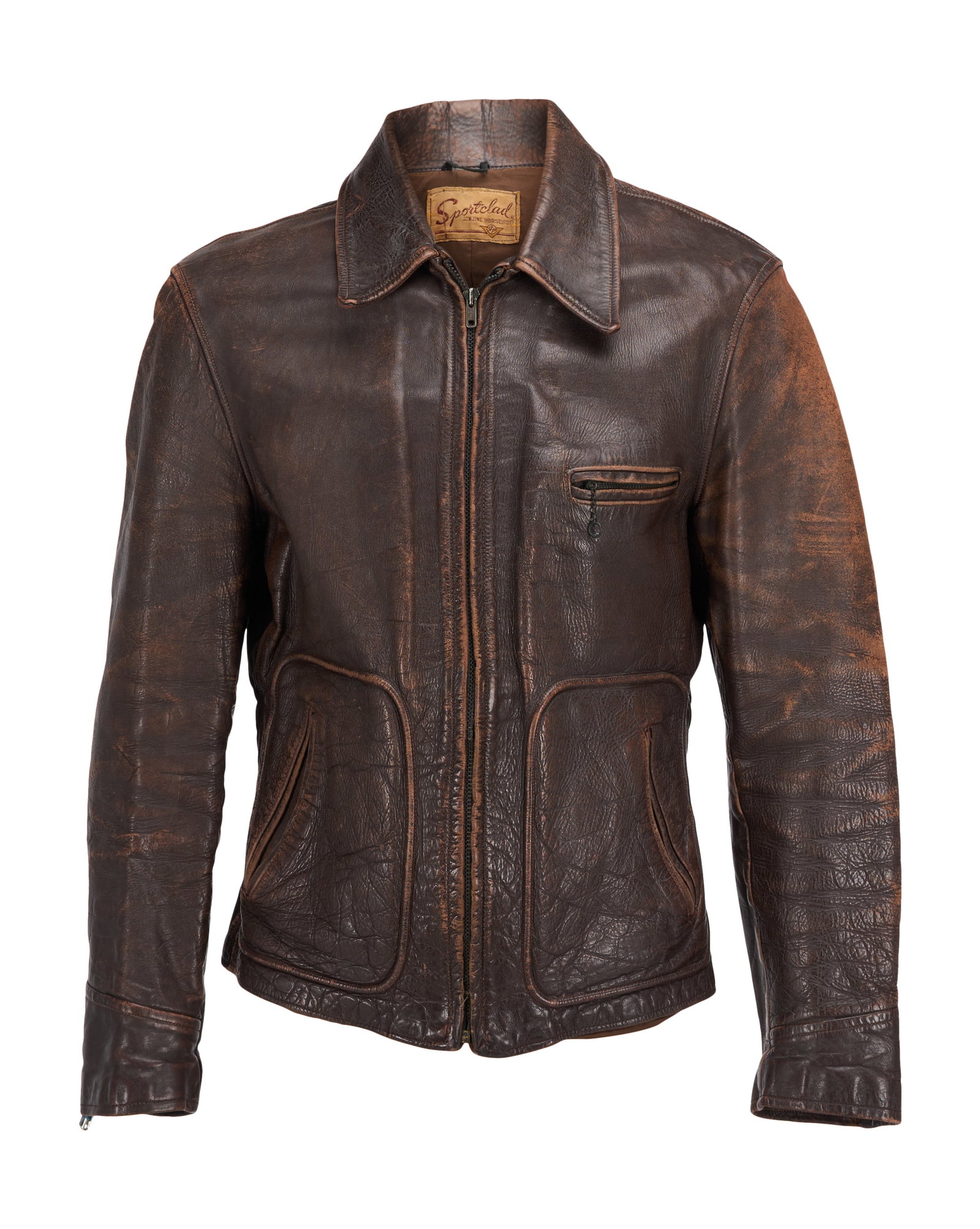 ZZ Top | Billy Gibbons "Gimme All Your Lovin" Music Video and "Can't Stop Rocking" Cover Worn: A vintage distressed brown leather, zip front jacket by Sportclad, from the personal collection of ZZ Top's Dusty Hill, worn by Billy Gibbons in the music video for "Gimme All Your Lovin" as well as o