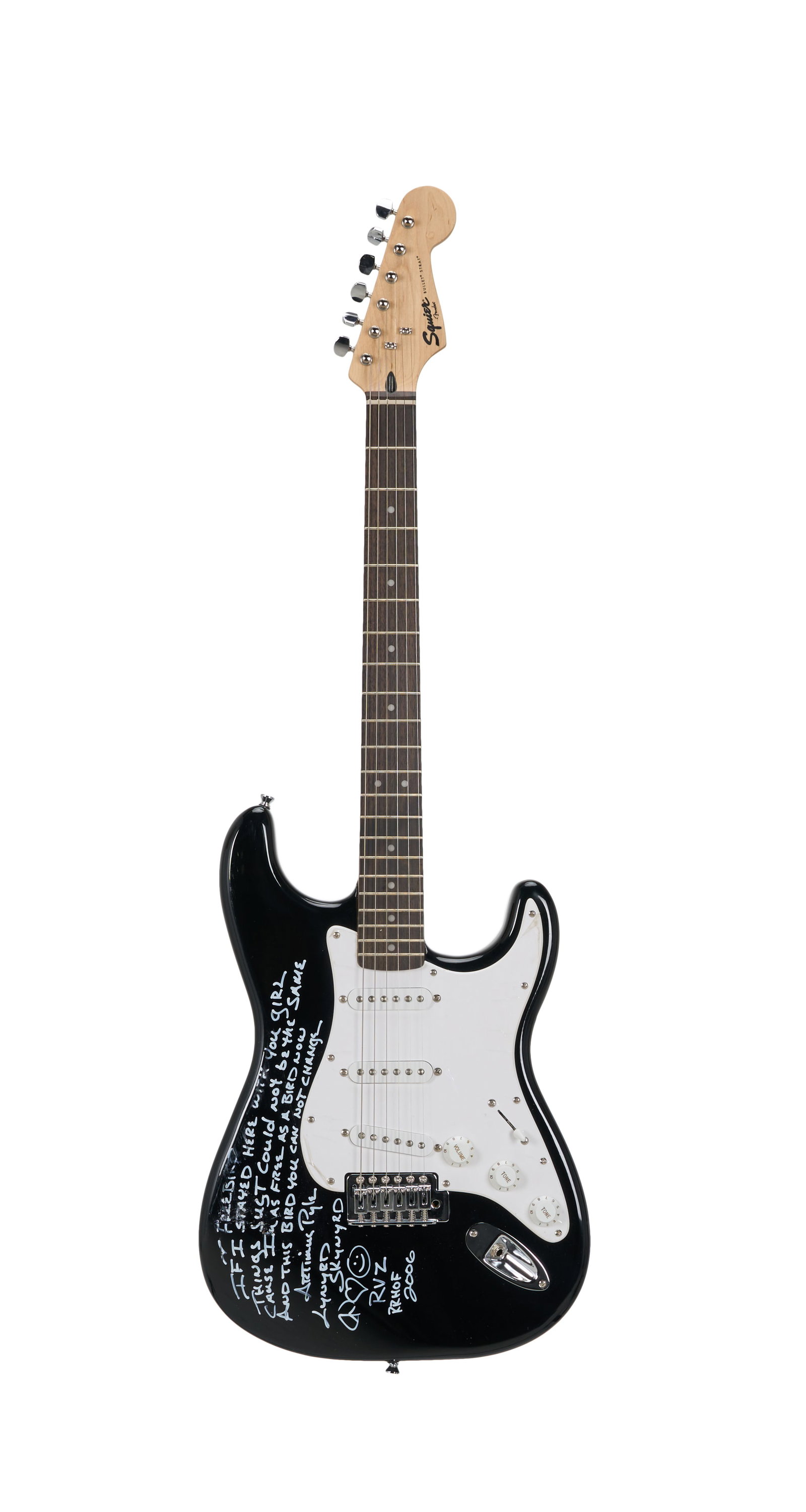 Lynyrd Skynyrd | Artemus Pyle Signed and Inscribed Squier Bullet Strat Electric Guitar, Black: A Squier Bullet Strat electric guitar, serial #ICS14030094, in black finish and signed and inscribed with lyrics from "Free Bird" in white felt tip pen by former Skynyrd drummer Artemus Pyle. The guit