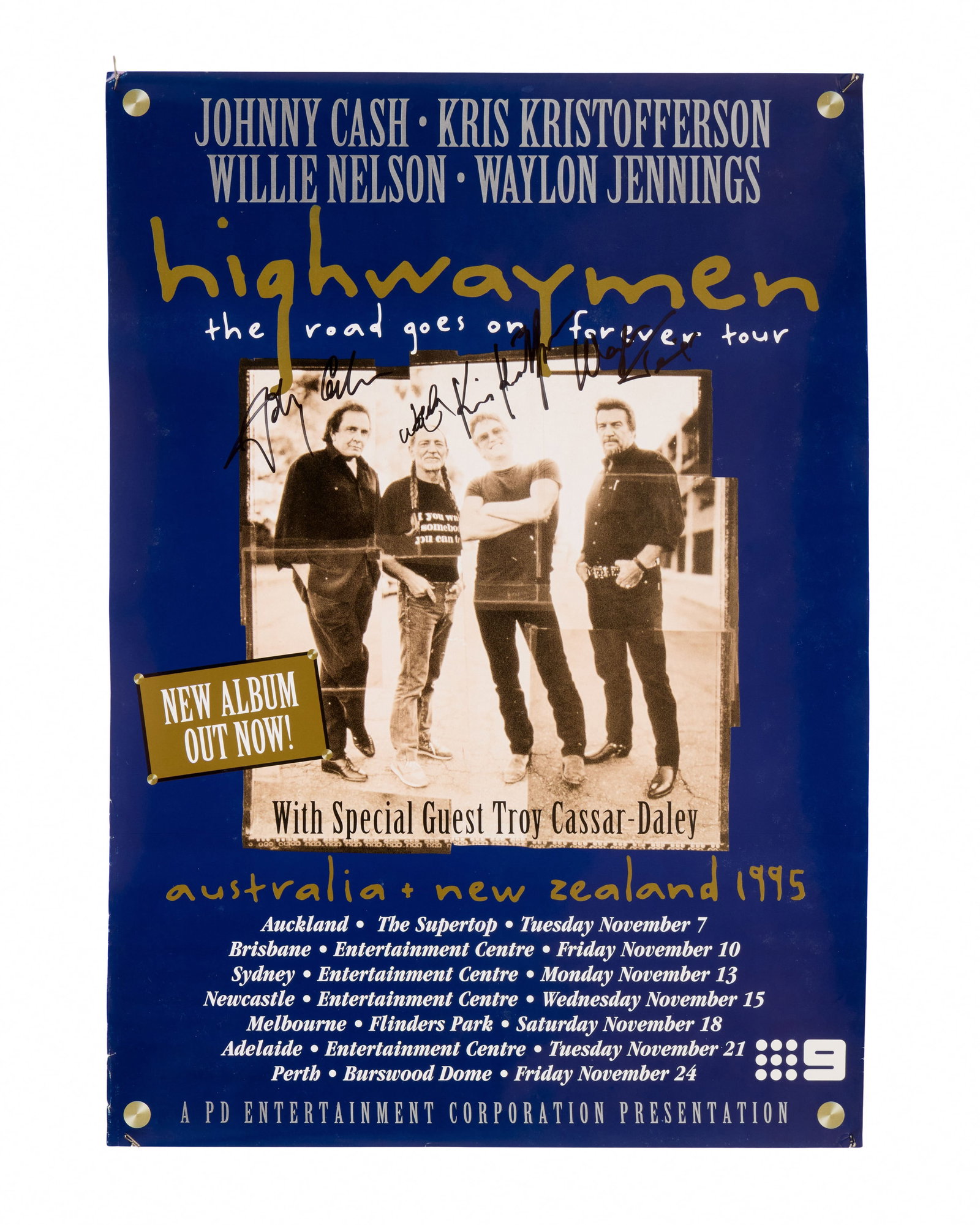 The Highwaymen | Signed 1995 Australian Tour Poster: A poster for The Highwaymen's 1995 "The Road Goes on Forever" Australian Tour, signed by band members Johnny Cash, Waylon Jennings, Willie Nelson, and Kris Kristofferson in black marker on the